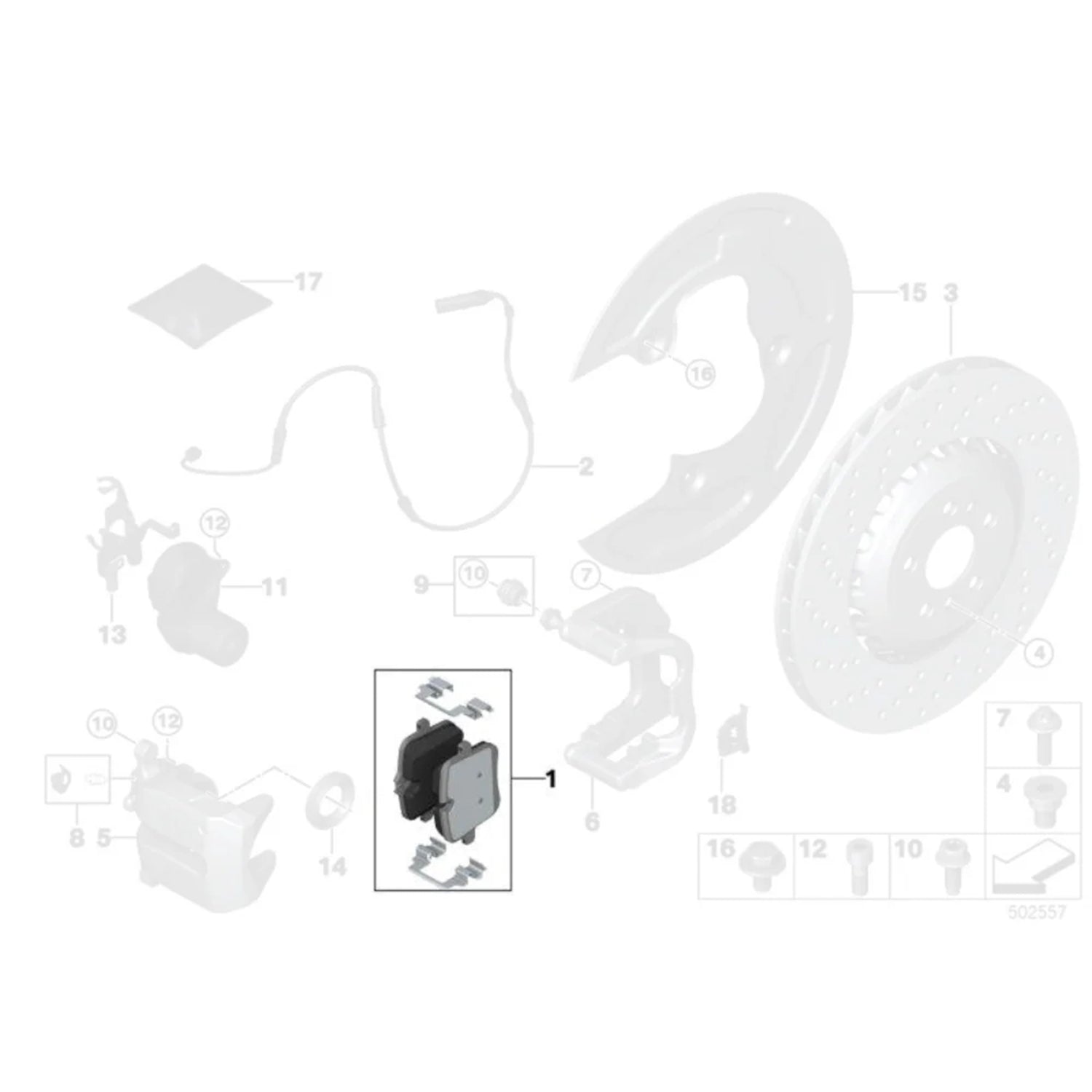 Technical diagram of Genuine BMW OEM Rear Brake Pads For BMW F95 X5M & F96 X6M 34217991043