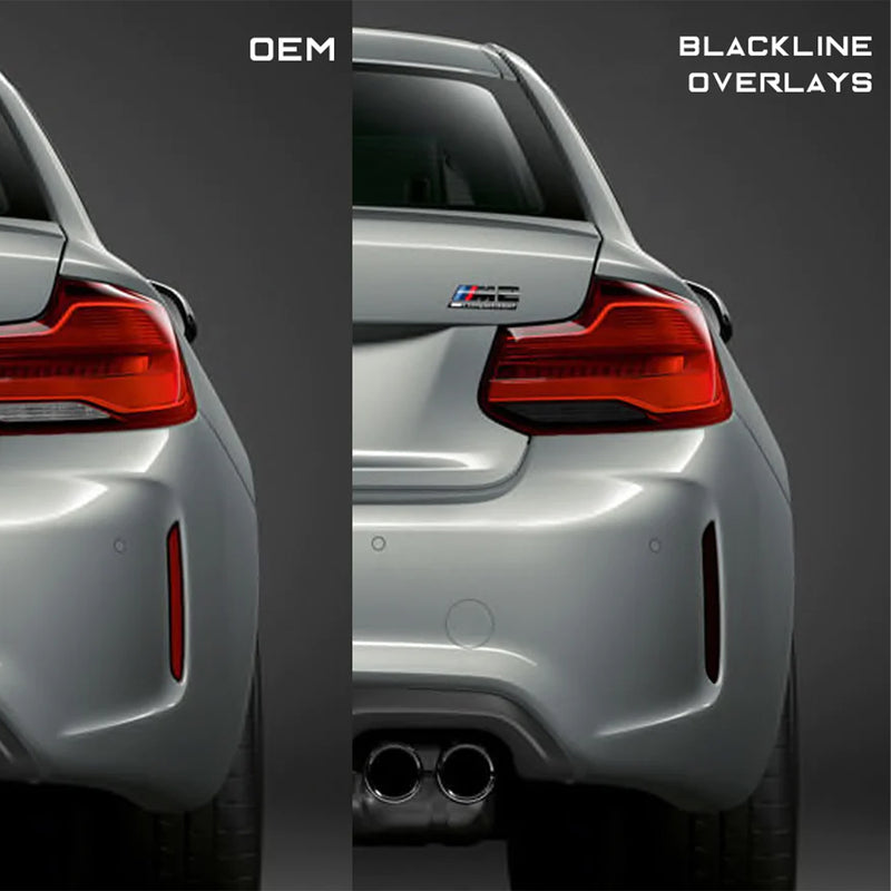 GoldenWrench Supply BMW F87 M2 BLACKLINE Rear Reflector Overlay Kit Before & After