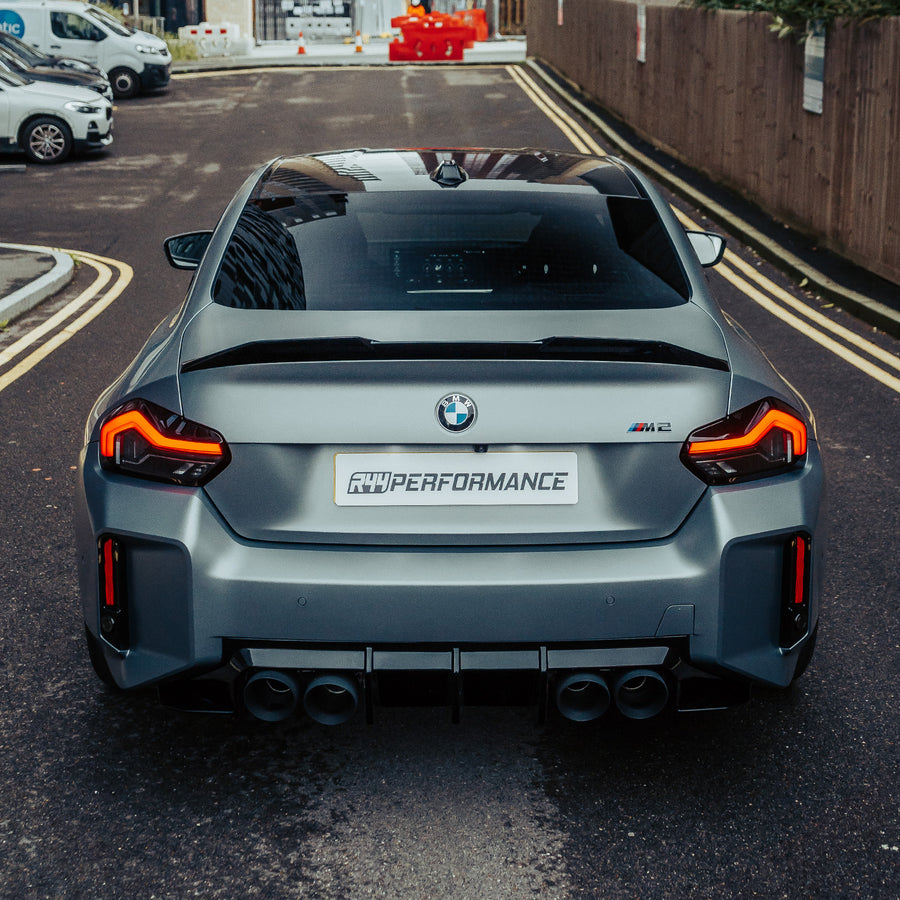 ZAERO Design BMW G87 M2 EVO-S Gloss Black Rear Spoiler Lip Fitted On Grey Car