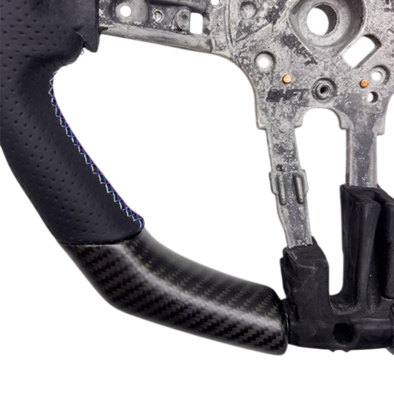 SHFT BMW OEM F Series Matte Carbon Fibre & Perforated Leather Flat Bottom Steering Wheel (w/ Blue 12 0'clock Marker)