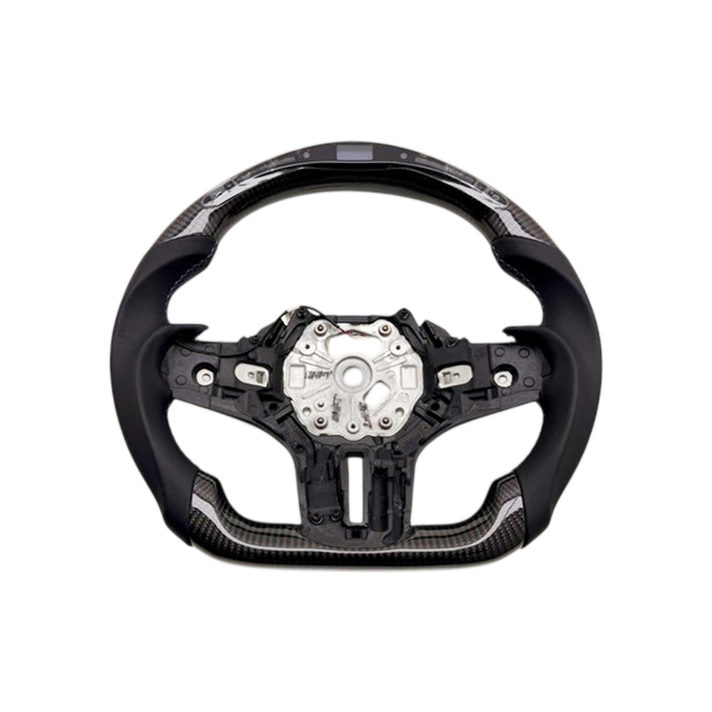 SHFT BMW G8X Flat Bottom Steering Wheel (Aggressive Grips) In Gloss Carbon Fibre & Leather With LED Display (G80 M3, G82 M4 & G87 M2)