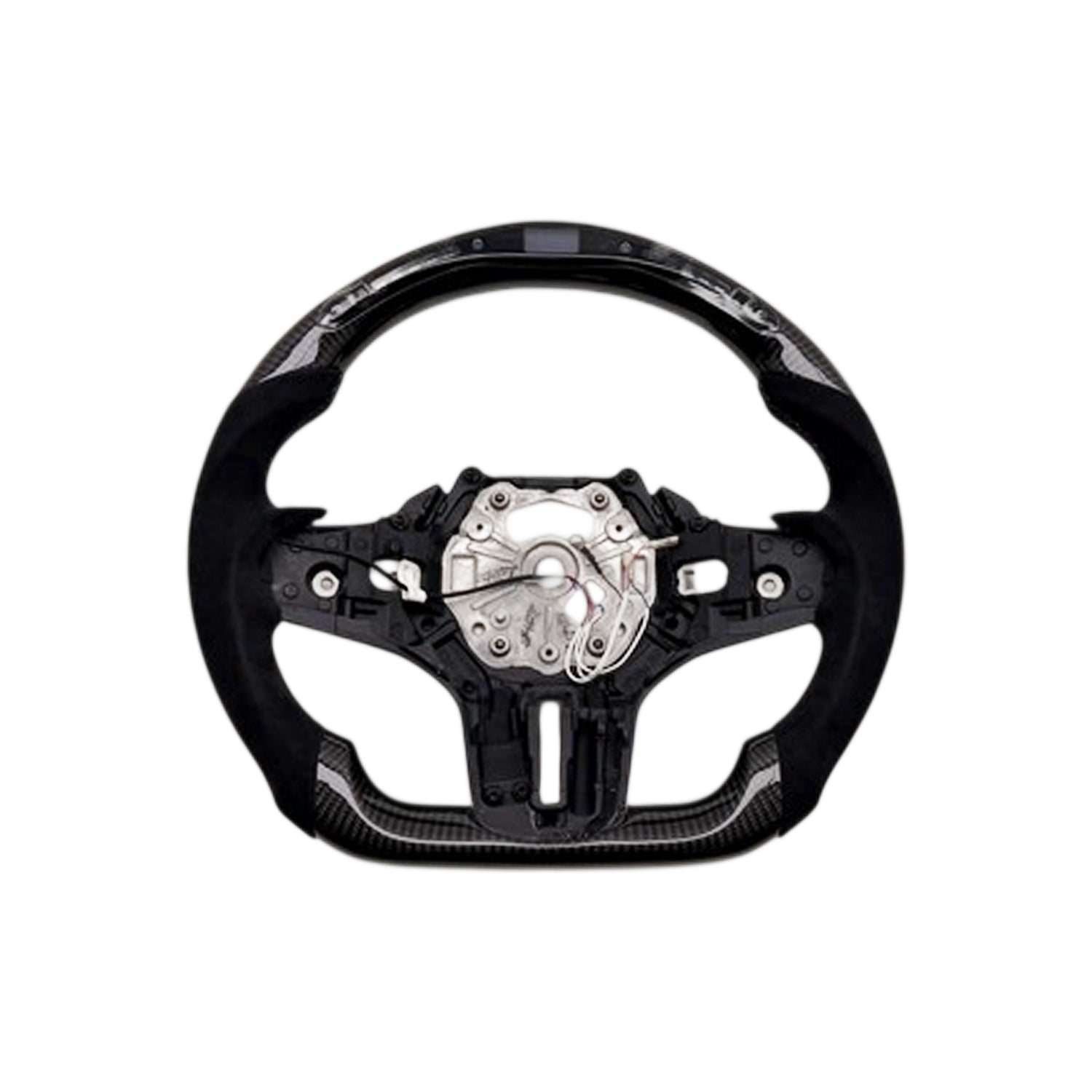 SHFT BMW G8X Flat Bottom Steering Wheel (Agressive Grips) In Gloss Carbon Fibre & Alcantara With LED Display (G80 M3, G82 M4 & G87 M2)