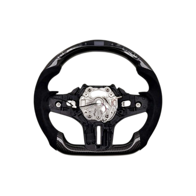 SHFT BMW G8X Flat Bottom Steering Wheel (Agressive Grips) In Gloss Carbon Fibre & Alcantara With LED Display (G80 M3, G82 M4 & G87 M2)