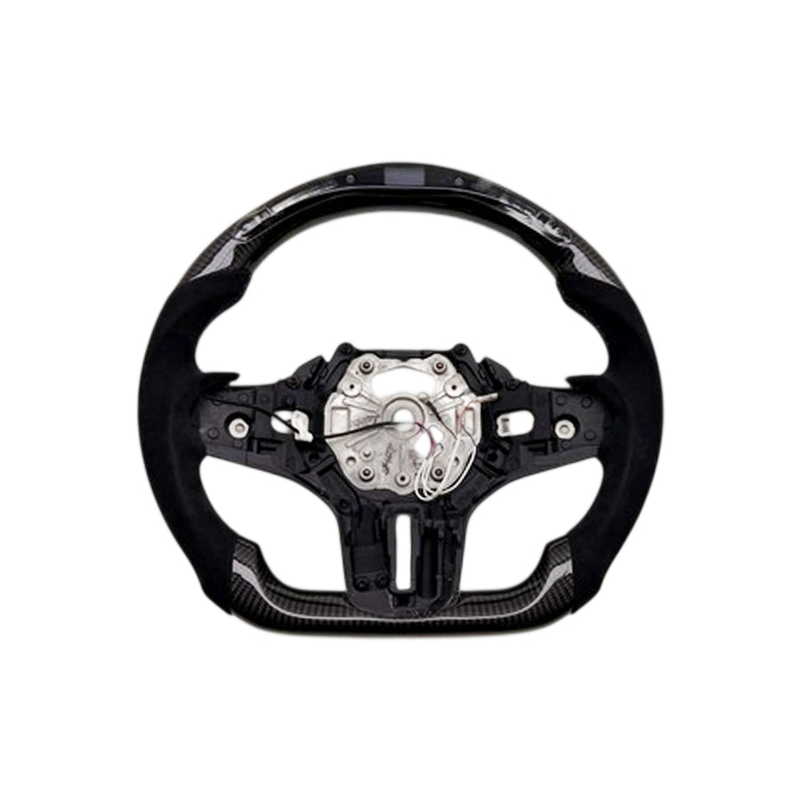 SHFT BMW G8X Flat Bottom Steering Wheel (Agressive Grips) In Gloss Carbon Fibre & Alcantara With LED Display (G80 M3, G82 M4 & G87 M2)