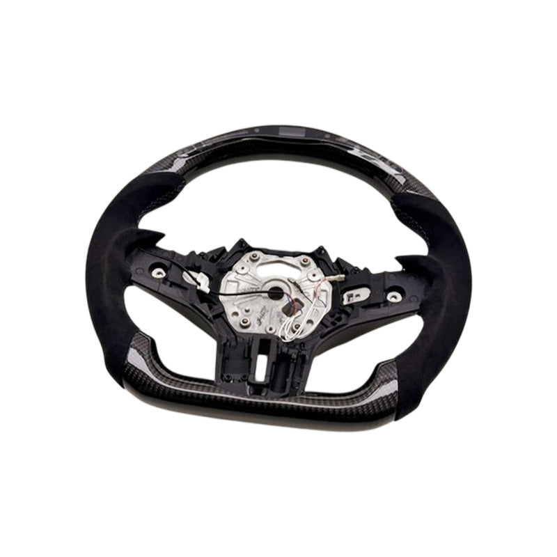 SHFT BMW G8X Flat Bottom Steering Wheel (Agressive Grips) In Gloss Carbon Fibre & Alcantara With LED Display (G80 M3, G82 M4 & G87 M2)