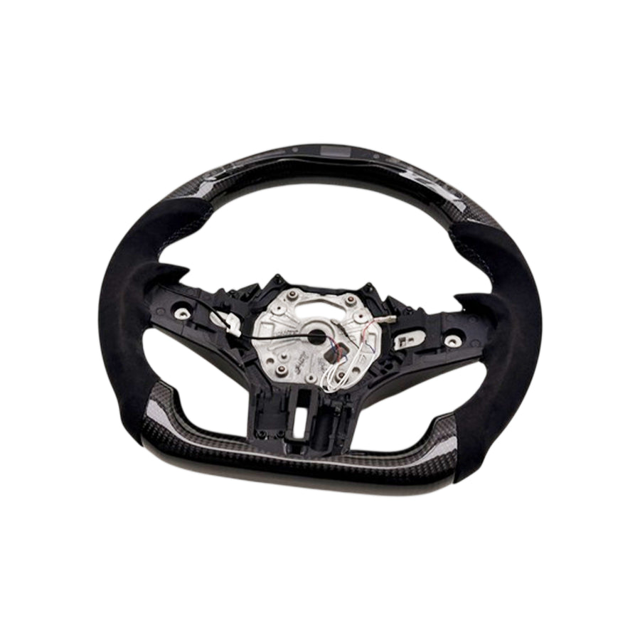 SHFT BMW G8X Flat Bottom Steering Wheel (Agressive Grips) In Gloss Carbon Fibre & Alcantara With LED Display (G80 M3, G82 M4 & G87 M2)