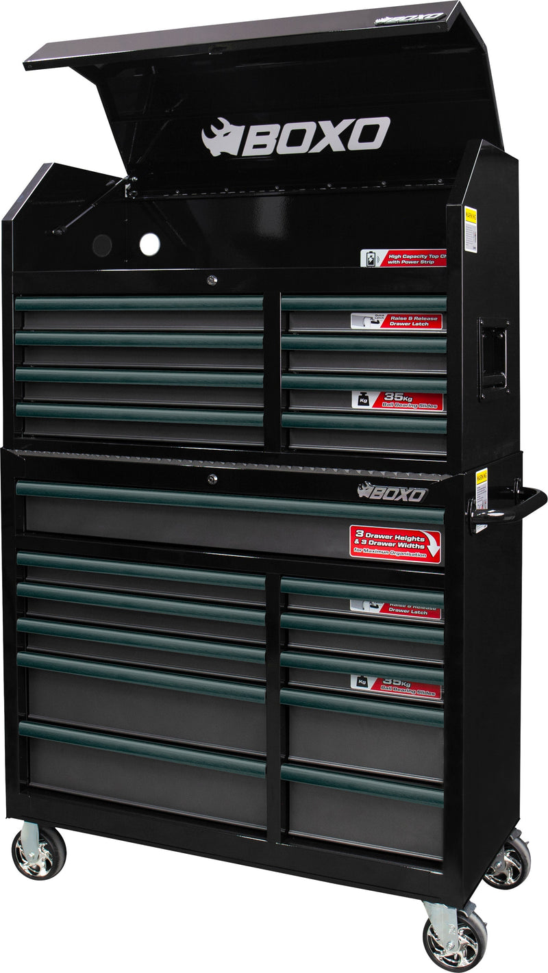 BOXO 41" 19 Drawer Toolbox Stack with Drawer Trim Pack - Black Body & Trim Colour Options