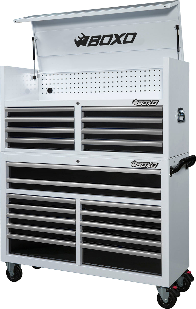 BOXO 53" 20 Drawer Toolbox Stack with Drawer Trim Pack - White Body with Trim Colour Options