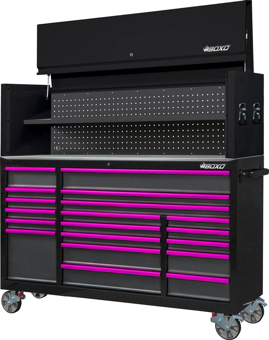 BOXO 72" 19 Drawer Roll Cabinet & Hutch with Drawer Trim Pack - Black Body & Trim Colour Options