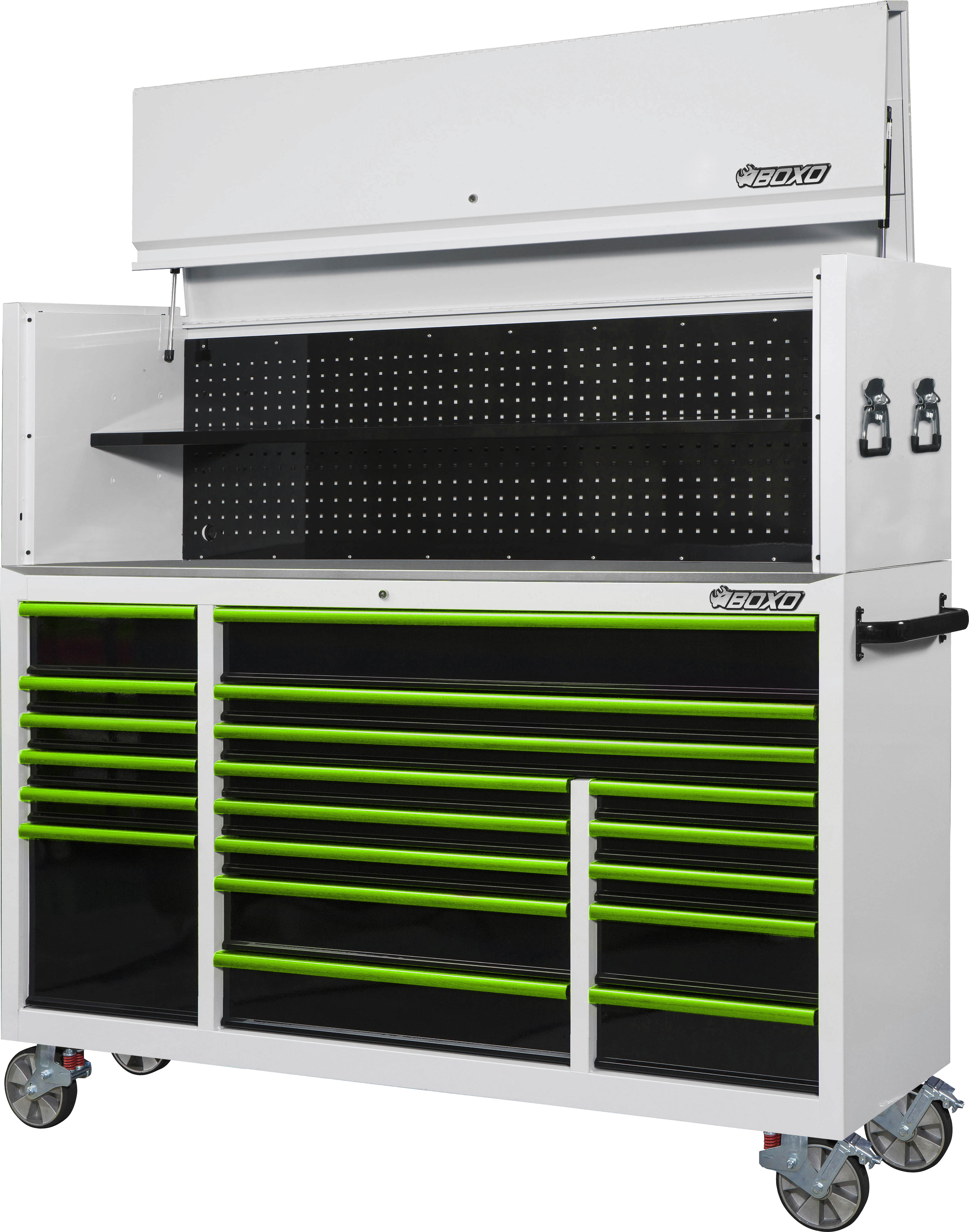 BOXO 72" 19 Drawer Roll Cabinet & Hutch with Drawer Trim Pack - White Body & Trim Colour Options