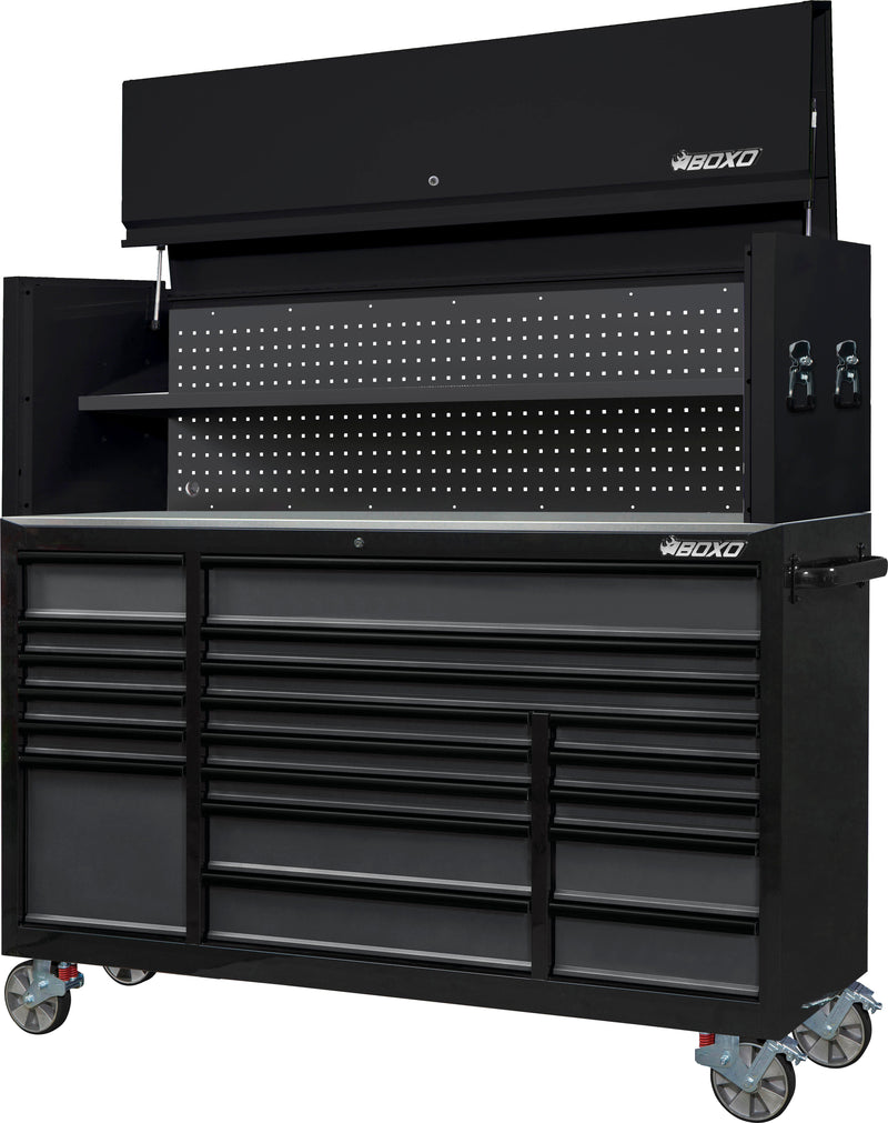BOXO 72" 19 Drawer Roll Cabinet & Hutch with Drawer Trim Pack - Black Body & Trim Colour Options
