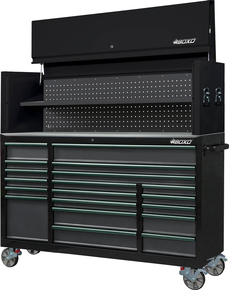 BOXO 72" 19 Drawer Roll Cabinet & Hutch with Drawer Trim Pack - Black Body & Trim Colour Options
