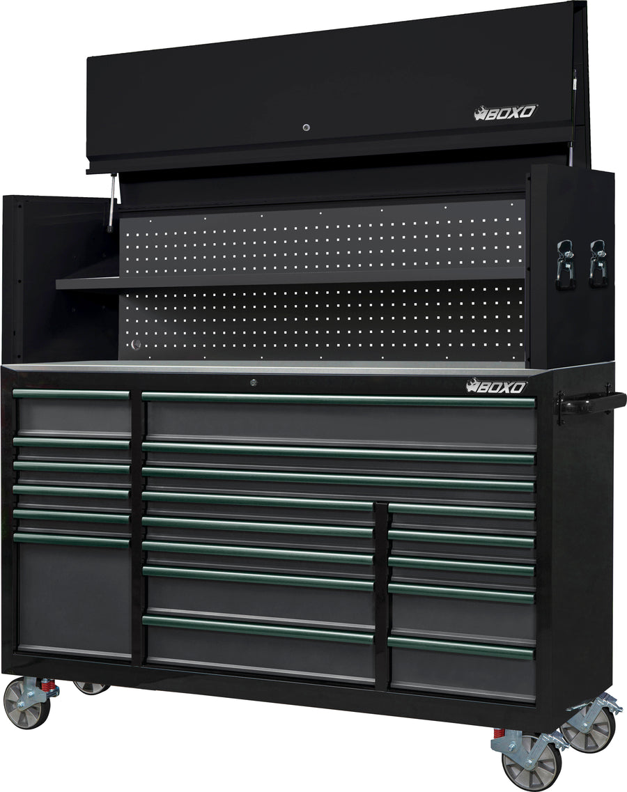 BOXO 72" 19 Drawer Roll Cabinet & Hutch with Drawer Trim Pack - Black Body & Trim Colour Options