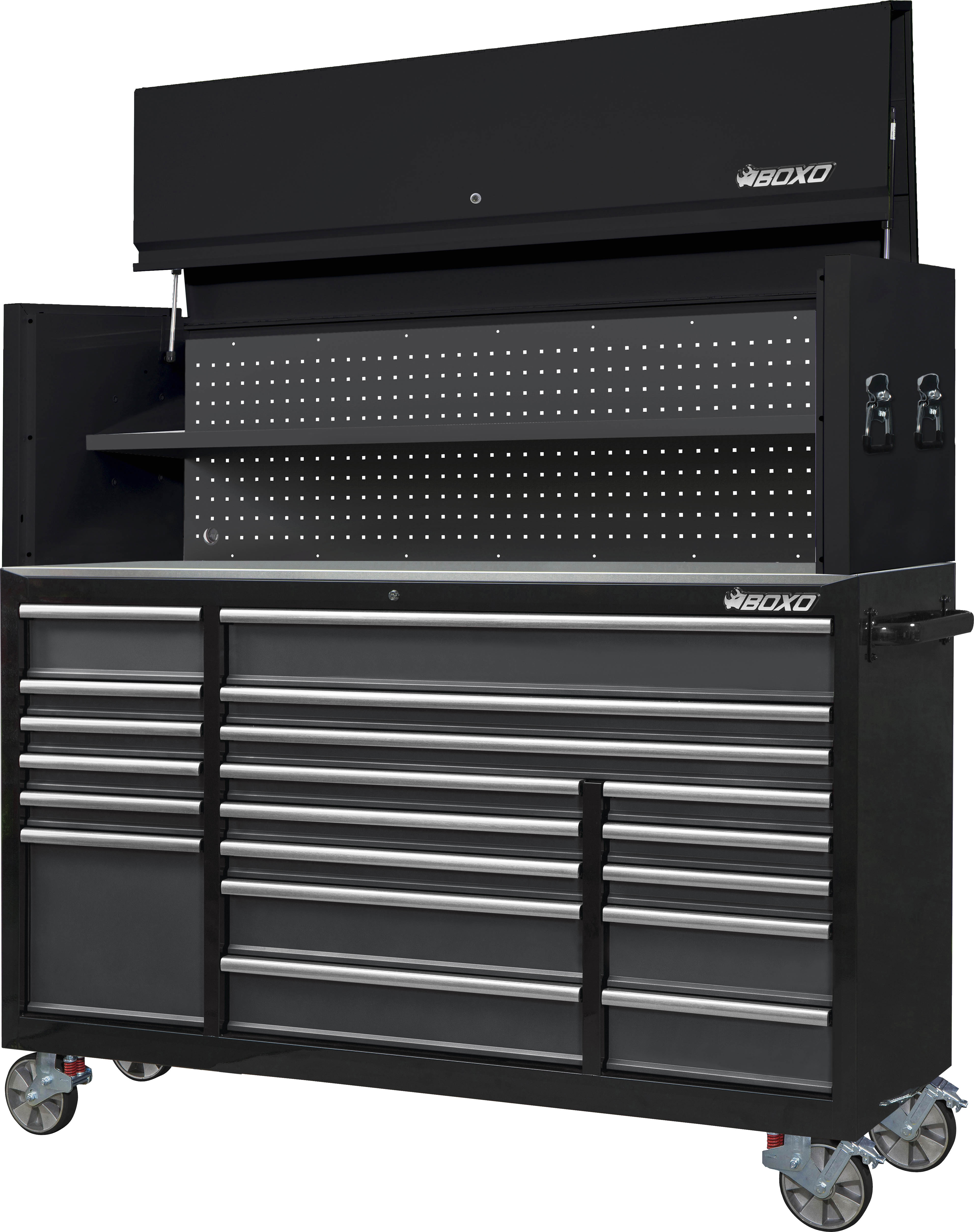 BOXO 72" 19 Drawer Roll Cabinet & Hutch with Drawer Trim Pack - Black Body & Trim Colour Options