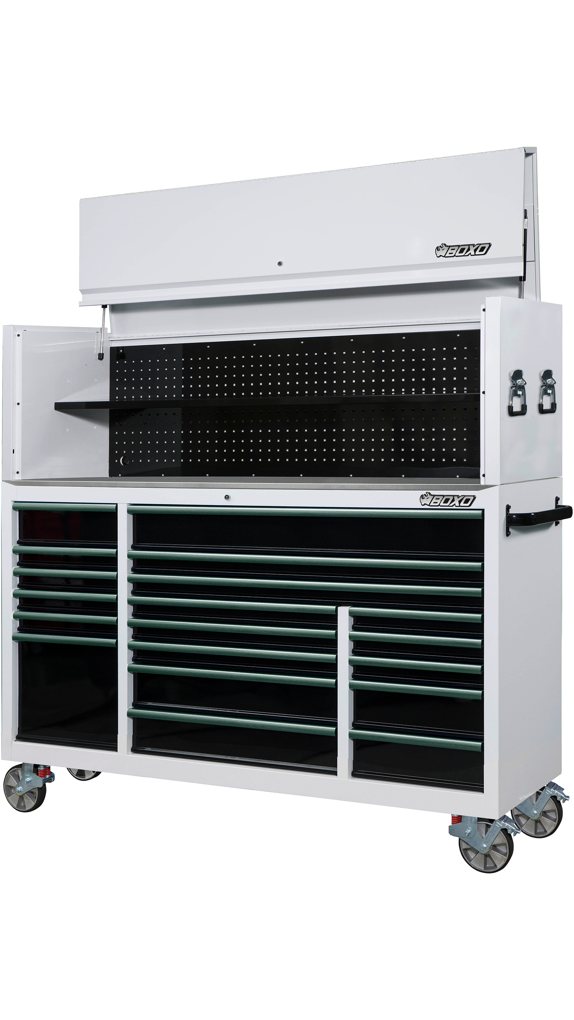BOXO 72" 19 Drawer Roll Cabinet & Hutch with Drawer Trim Pack - White Body & Trim Colour Options