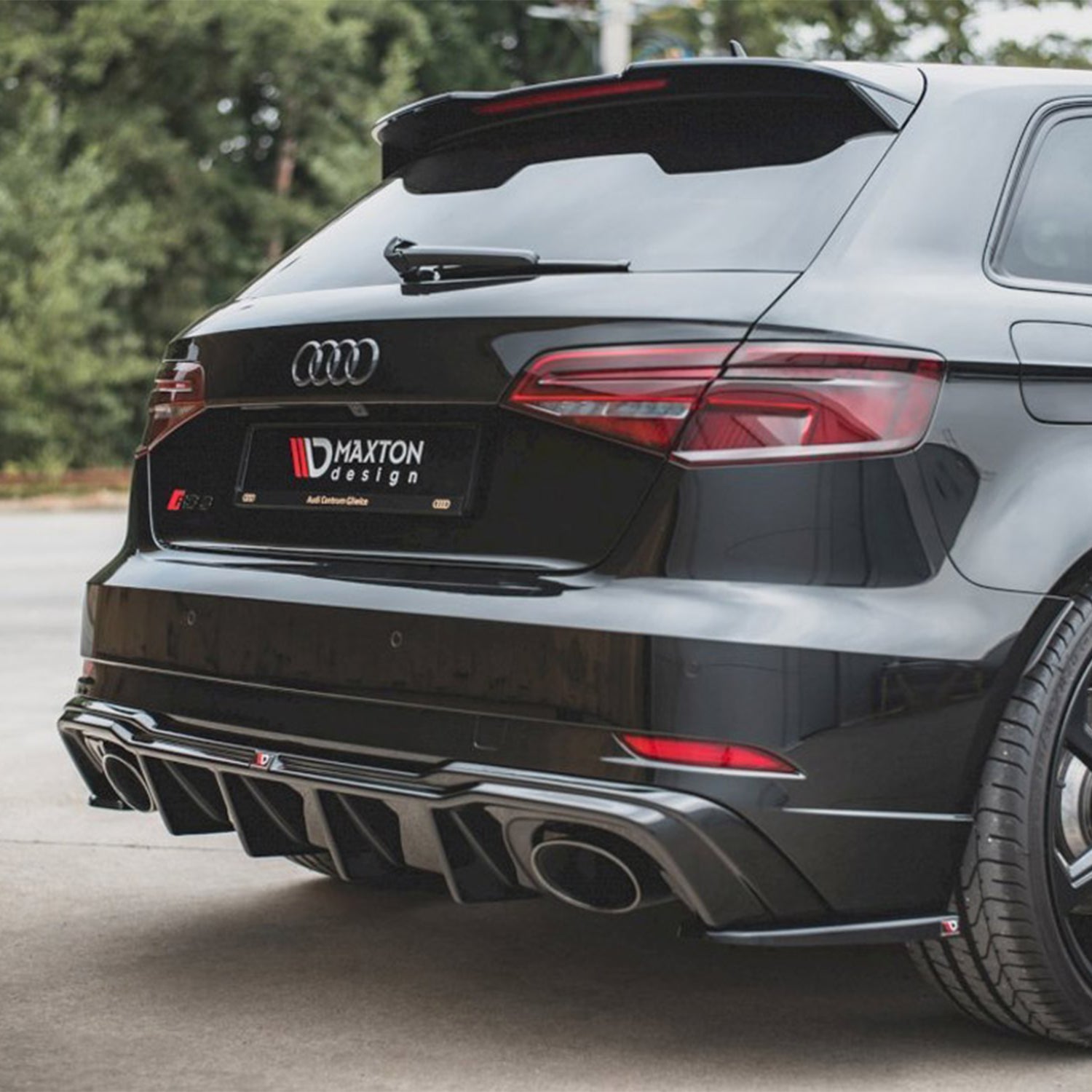 Maxton Design Audi RS3 8V Facelift V2 Gloss Black Aggressive Rear Diffuser Rear Quarter Vehicle Angle