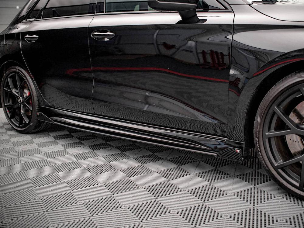 Maxton Street Pro Side Skirts Diffusers (+Flaps) AUDI RS3 Sportback 8Y (2020-) in Black-R44 Performance