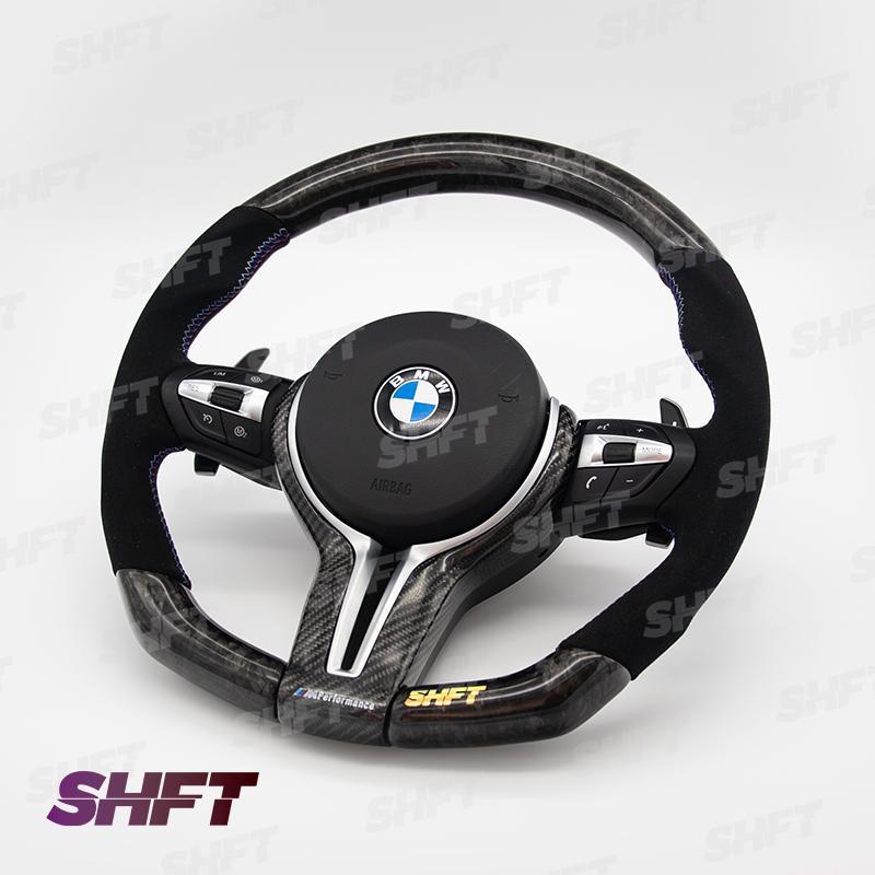 SHFT BMW F Series Flat Bottom Steering Wheel In Gloss Forged Carbon Fibre & Alcantara-R44 Performance
