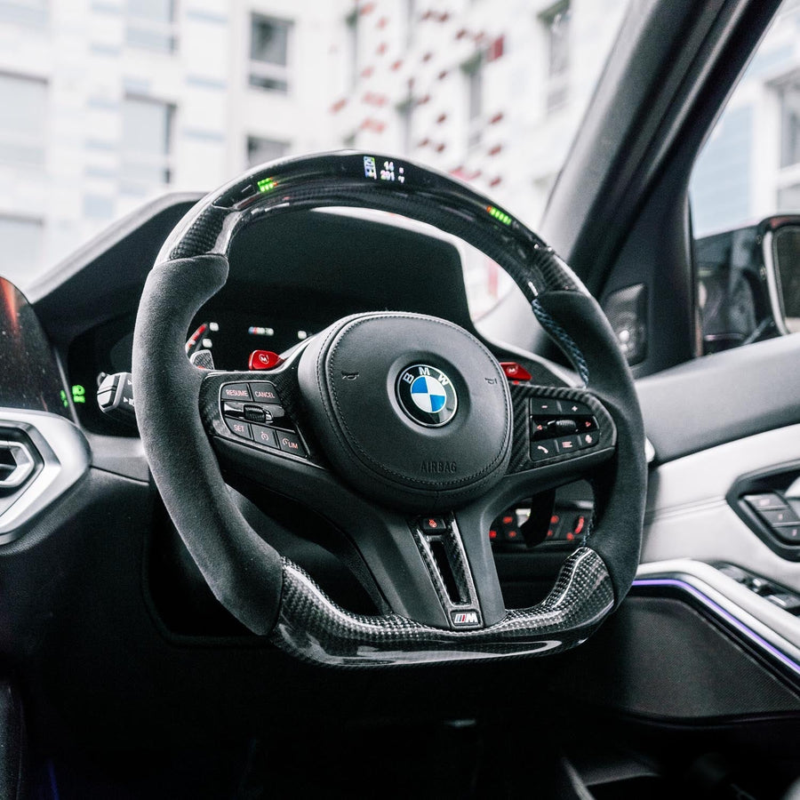 SHFT BMW M3/M4 Flat Bottom Steering Wheel In Gloss Carbon Fibre & Alcantara With LED Display (G80/G82/G83)-R44 Performance