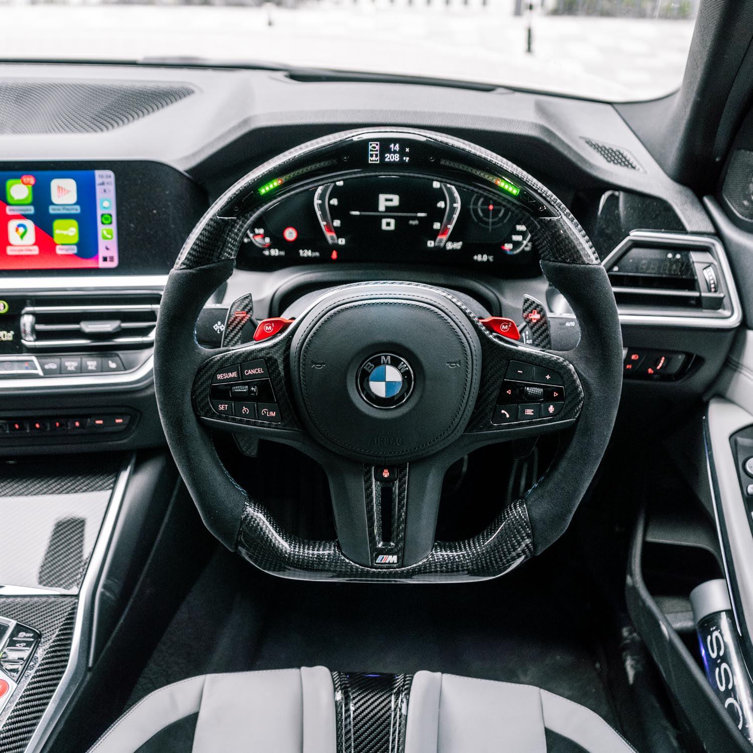 SHFT BMW M3/M4 Flat Bottom Steering Wheel In Gloss Carbon Fibre & Alcantara With LED Display (G80/G82/G83)-R44 Performance