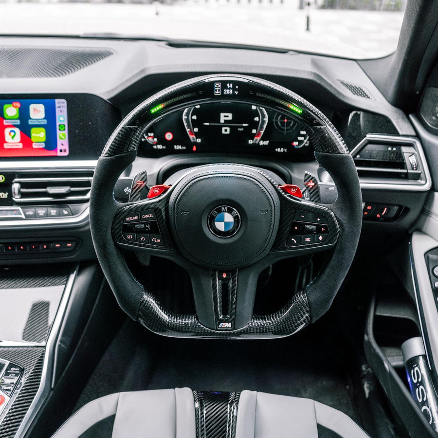 SHFT BMW M3/M4 Flat Bottom Steering Wheel In Gloss Carbon Fibre & Alcantara With LED Display (G80/G82/G83)-R44 Performance
