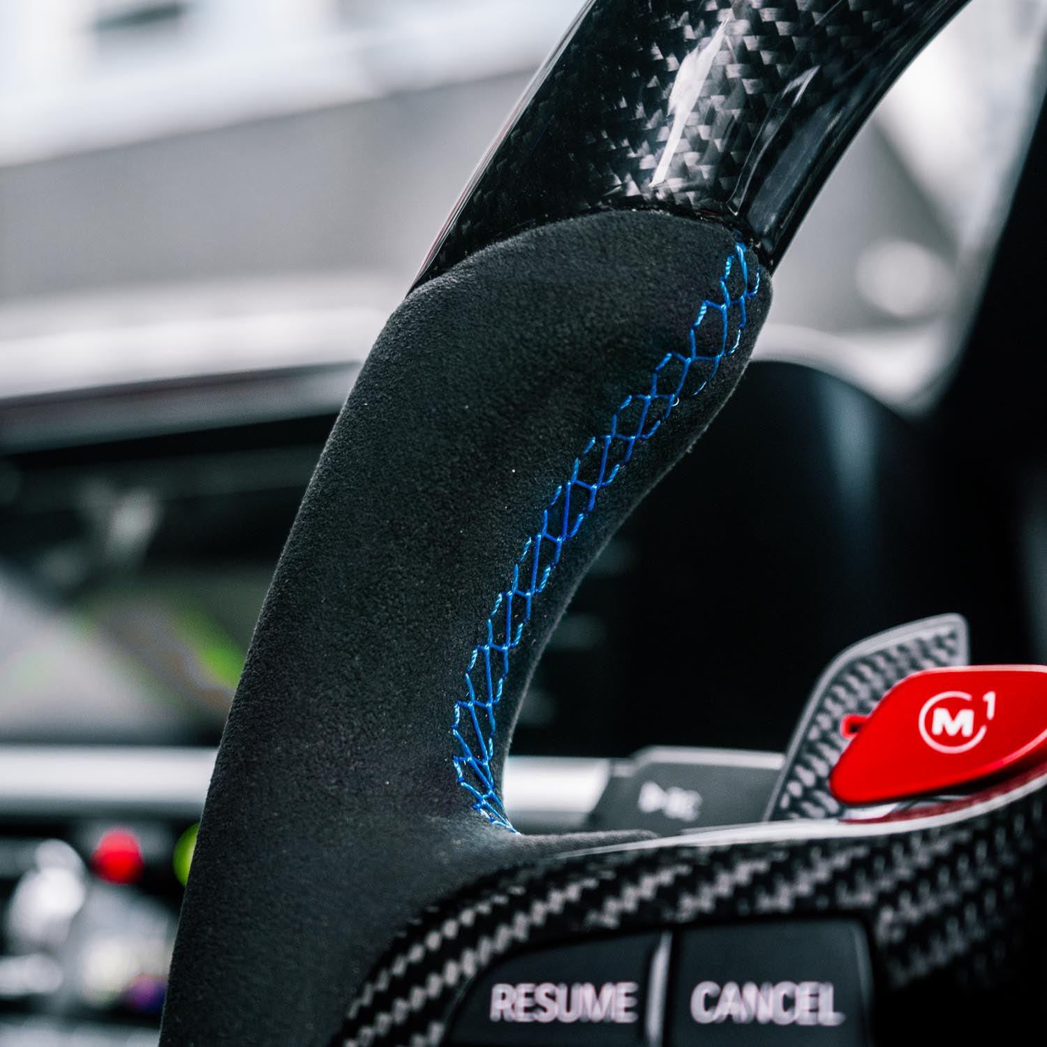 SHFT BMW M3/M4 Flat Bottom Steering Wheel In Gloss Carbon Fibre & Alcantara With LED Display (G80/G82/G83)-R44 Performance