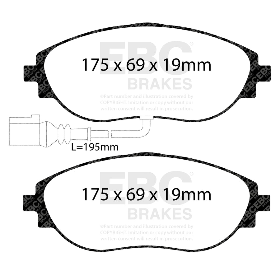 EBC Volkswagen Golf R/GTI Bluestuff Front Brake Pads DP52127NDX (Mk7/Mk8) Dimensions