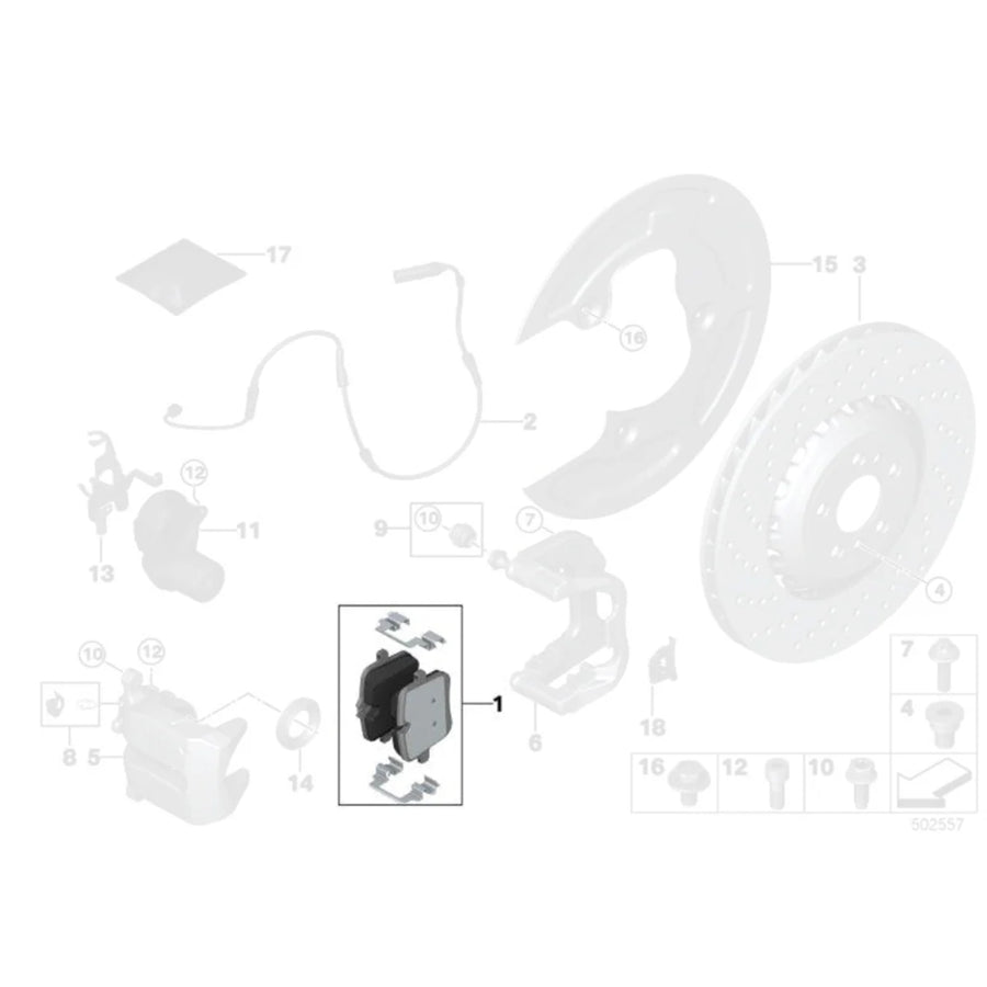 Technical diagram of Genuine BMW OEM Rear Brake Pads For BMW F95 X5M & F96 X6M 34217991043