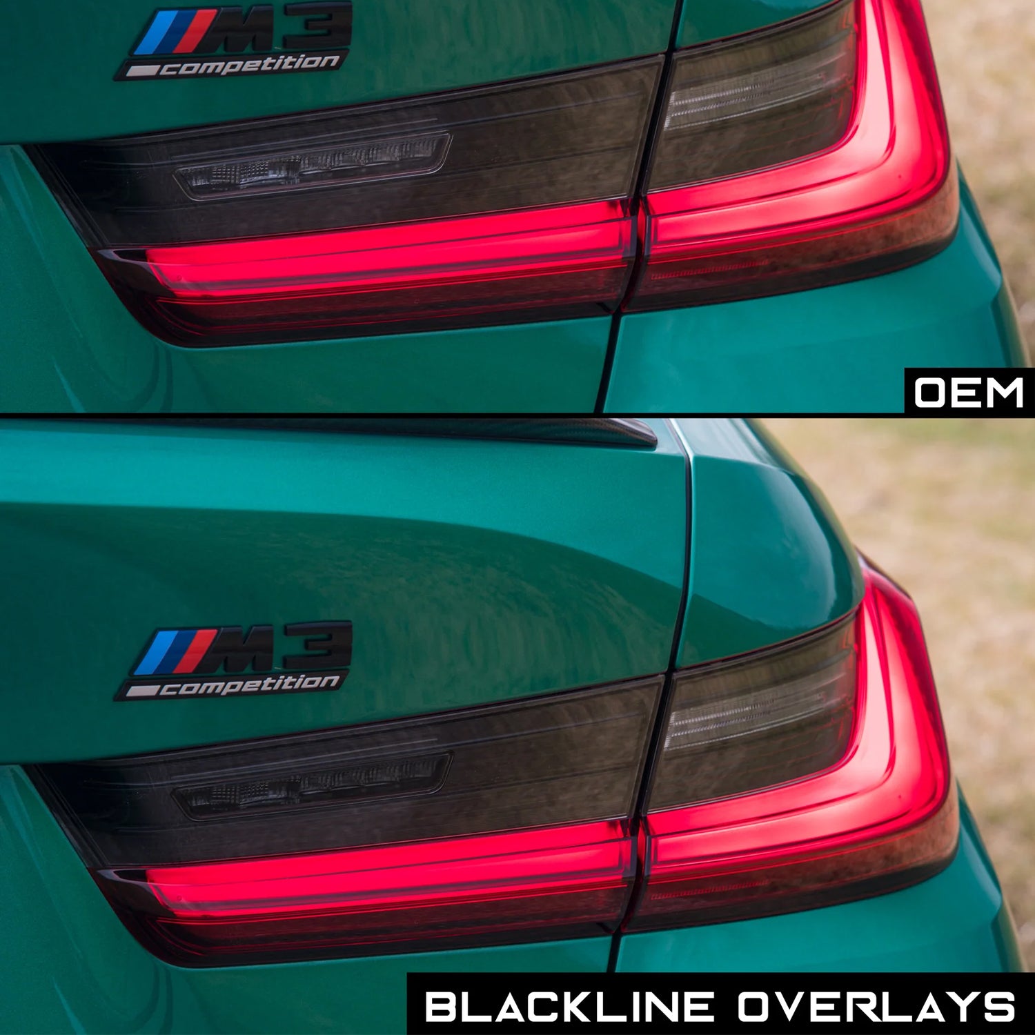 GoldenWrench Supply BMW G80 M3 G20 3 Series BLACKLINE Taillight Overlay Kit Before & After
