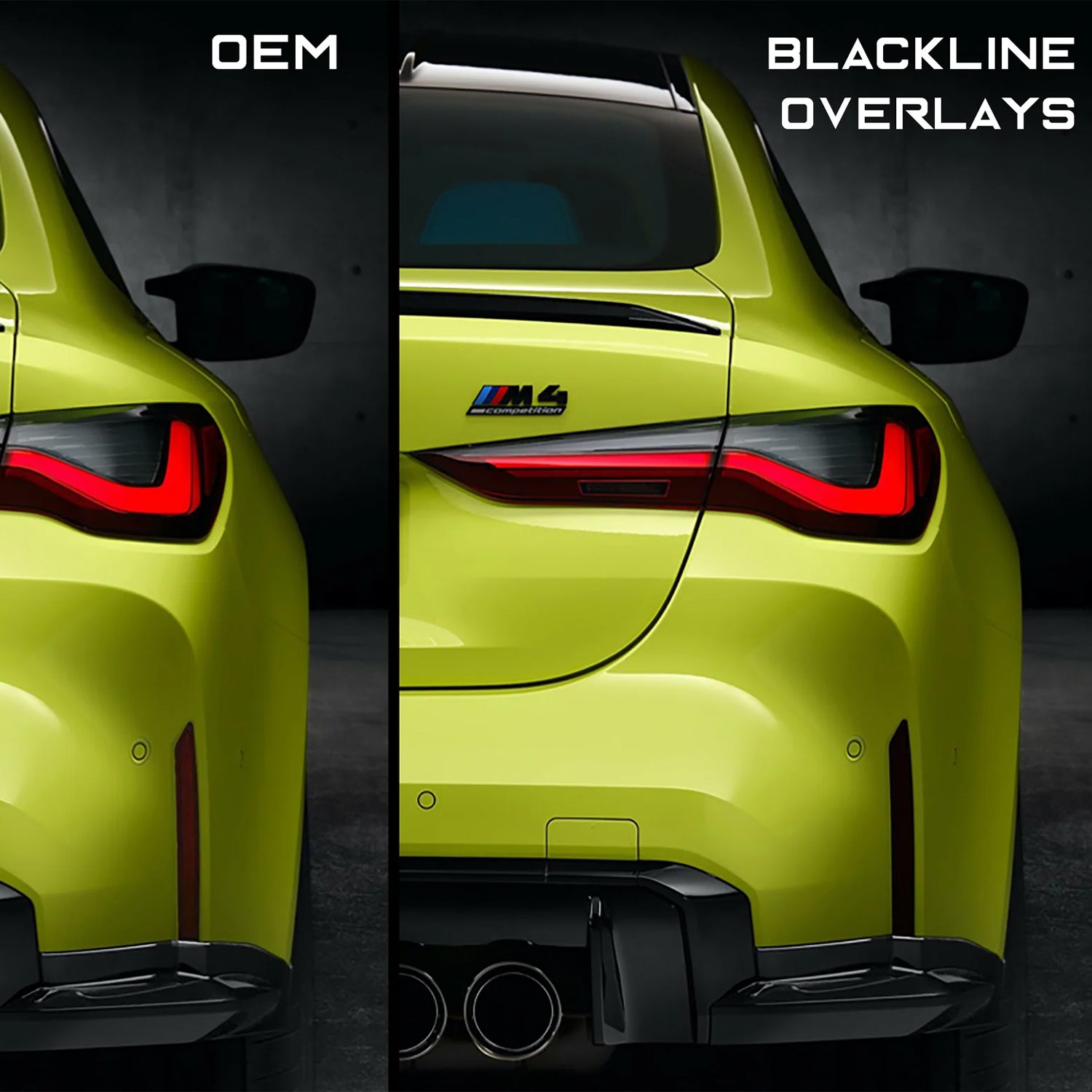 GoldenWrench Supply BMW G80 M3 G82 M4 BLACKLINE Rear Reflector Overlay Kit Before & After