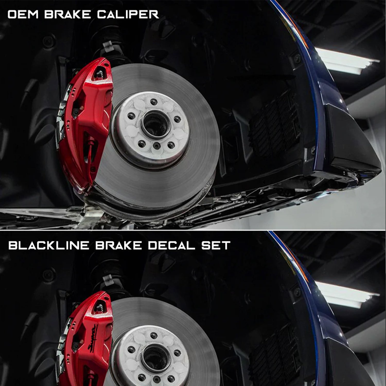 GoldenWrench Toyota GR Supra BLACKLINE Performance Brake Caliper Decal Set (A90 2020+) Before & After