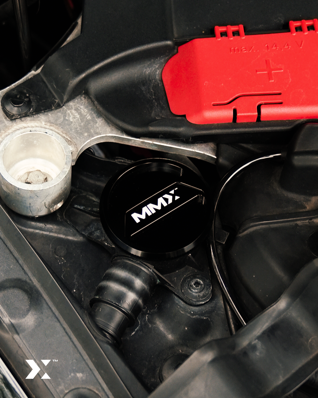 MMX gloss black billet washer fluid filler cap for F Series BMW engine bay