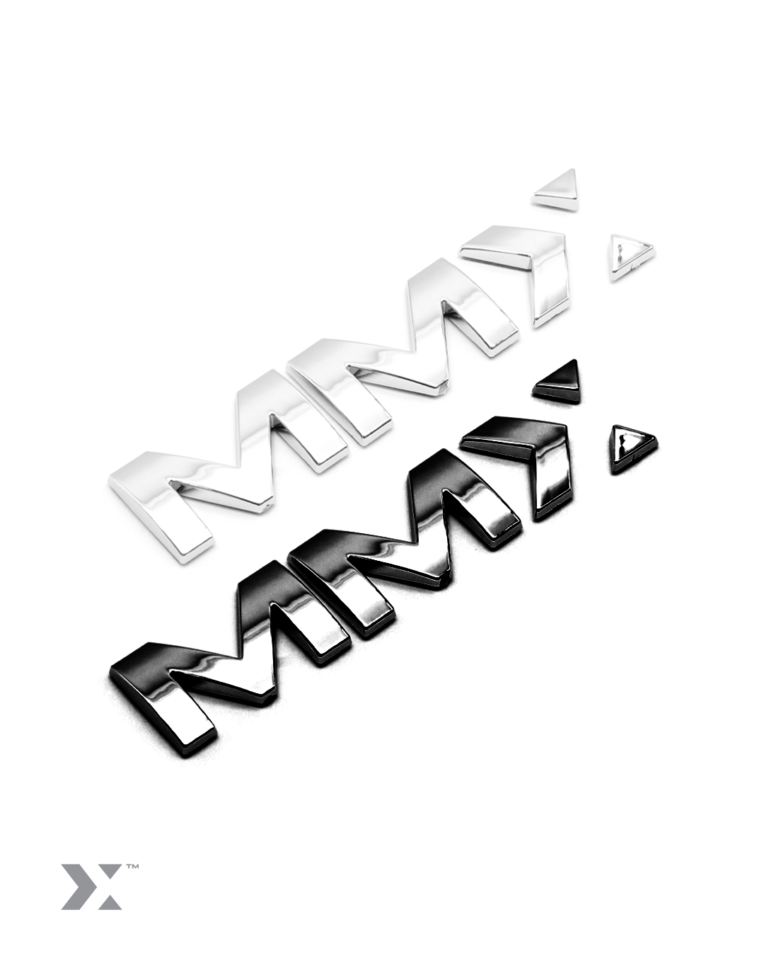 MMX 100mm vehicle badge in bright chrome finish with 3M adhesive backing - Silver