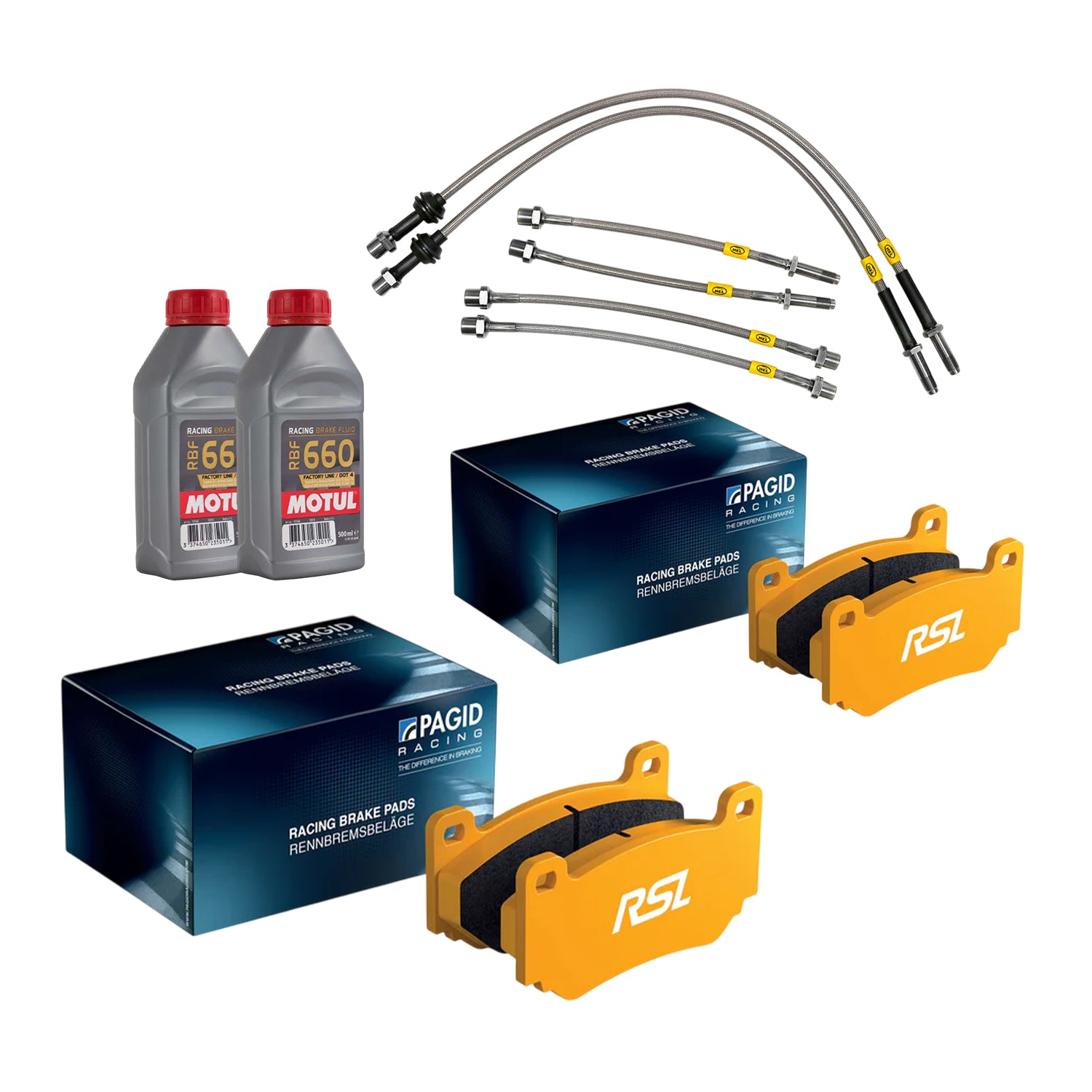 Pagid Racing RSL29 Front & Rear Brake Pads Set + MOTUL 660 Brake Fluid + HEL Lines For BMW G8X M Vehicles (G87 M2, G80 M3 & G82 M4)