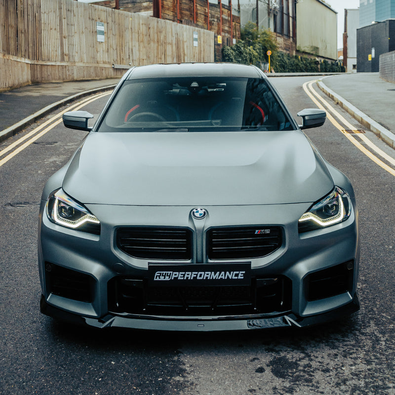ZAERO Design BMW G87 M2 EVO-S Gloss Black Front Splitter On Grey Car