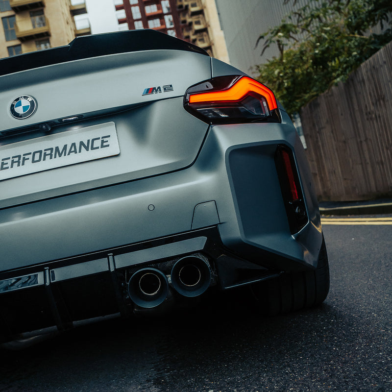 ZAERO Design BMW G87 M2 EVO-S Gloss Black Rear Spoiler Lip Fitted On Grey Car