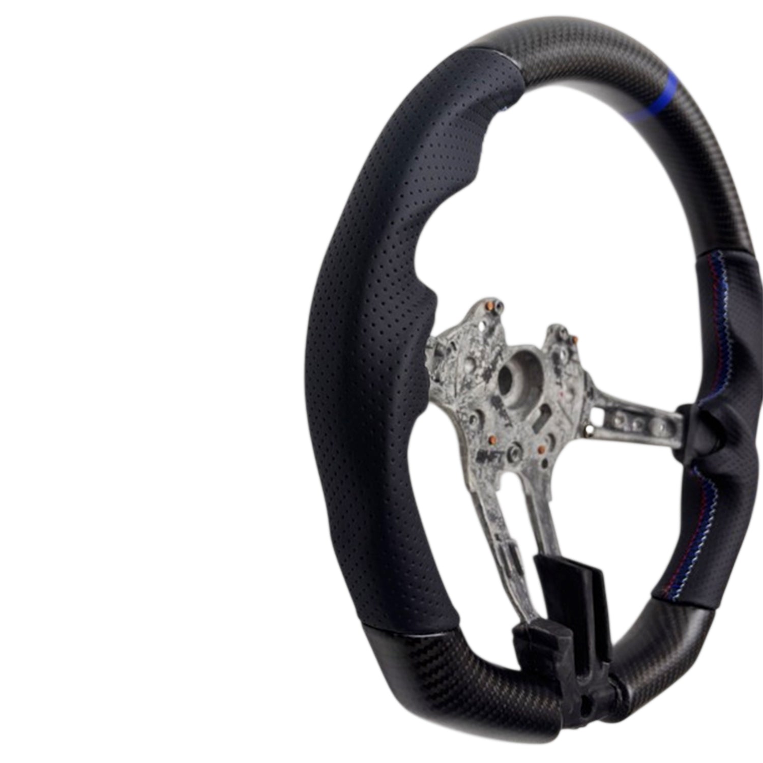 SHFT BMW OEM F Series Matte Carbon Fibre & Perforated Leather Flat Bottom Steering Wheel (w/ Blue 12 0'clock Marker)