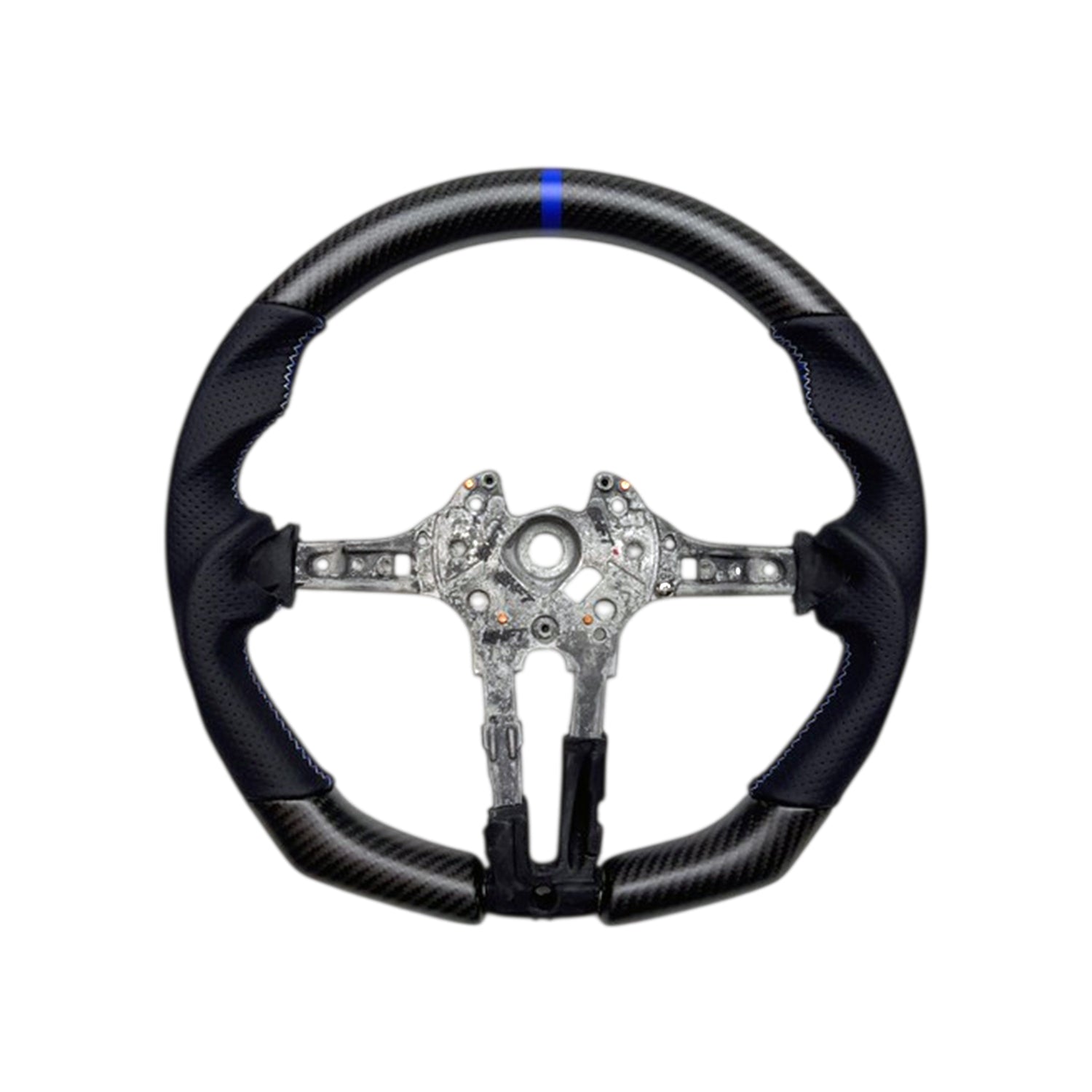 SHFT BMW OEM F Series Matte Carbon Fibre & Perforated Leather Flat Bottom Steering Wheel (w/ Blue 12 0'clock Marker)