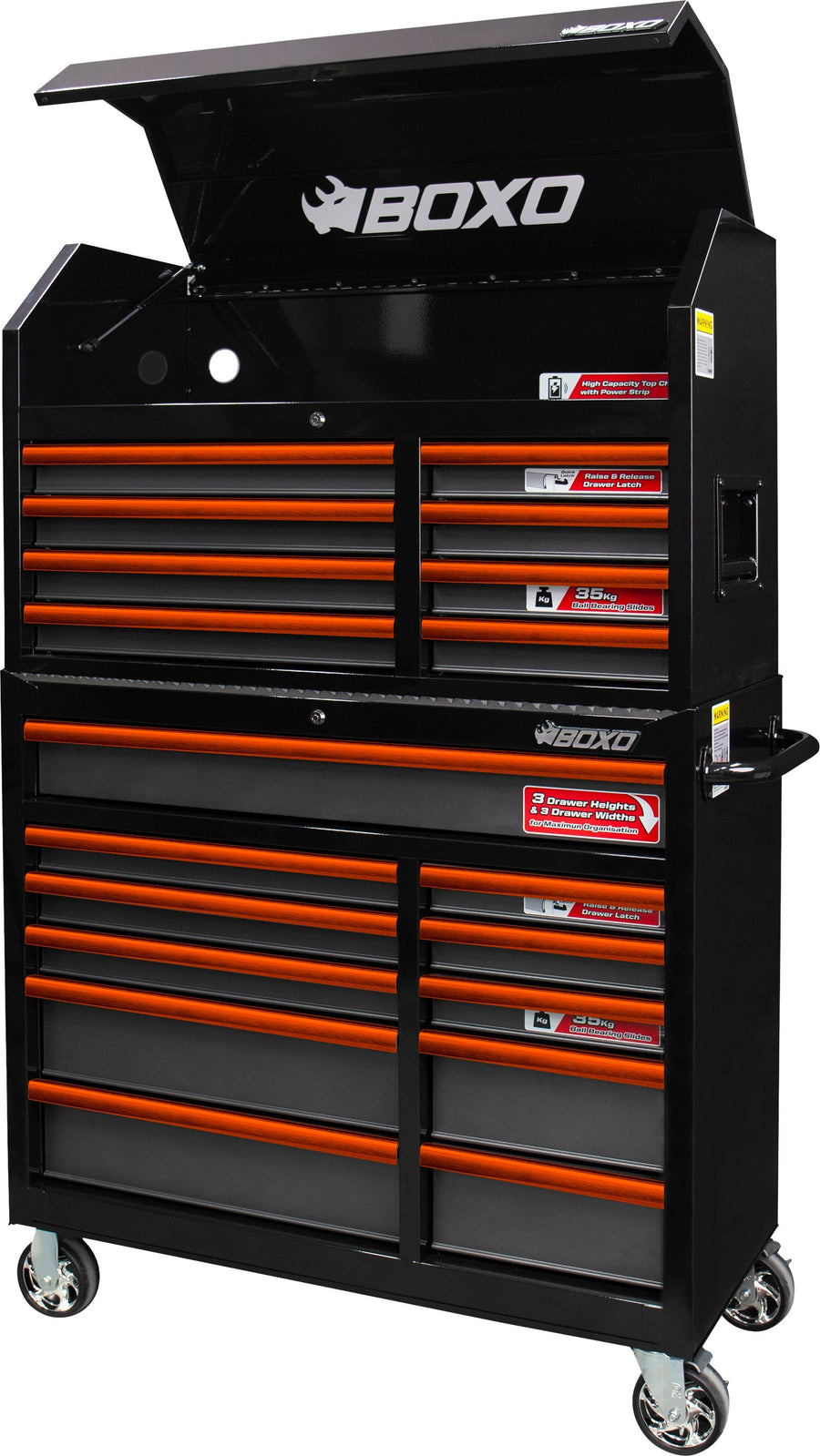 BOXO 41" 19 Drawer Toolbox Stack with Drawer Trim Pack - Black Body & Trim Colour Options