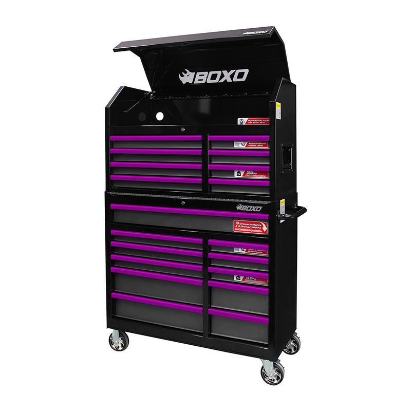 BOXO 41" 19 Drawer Toolbox Stack with Drawer Trim Pack - Black Body & Trim Colour Options