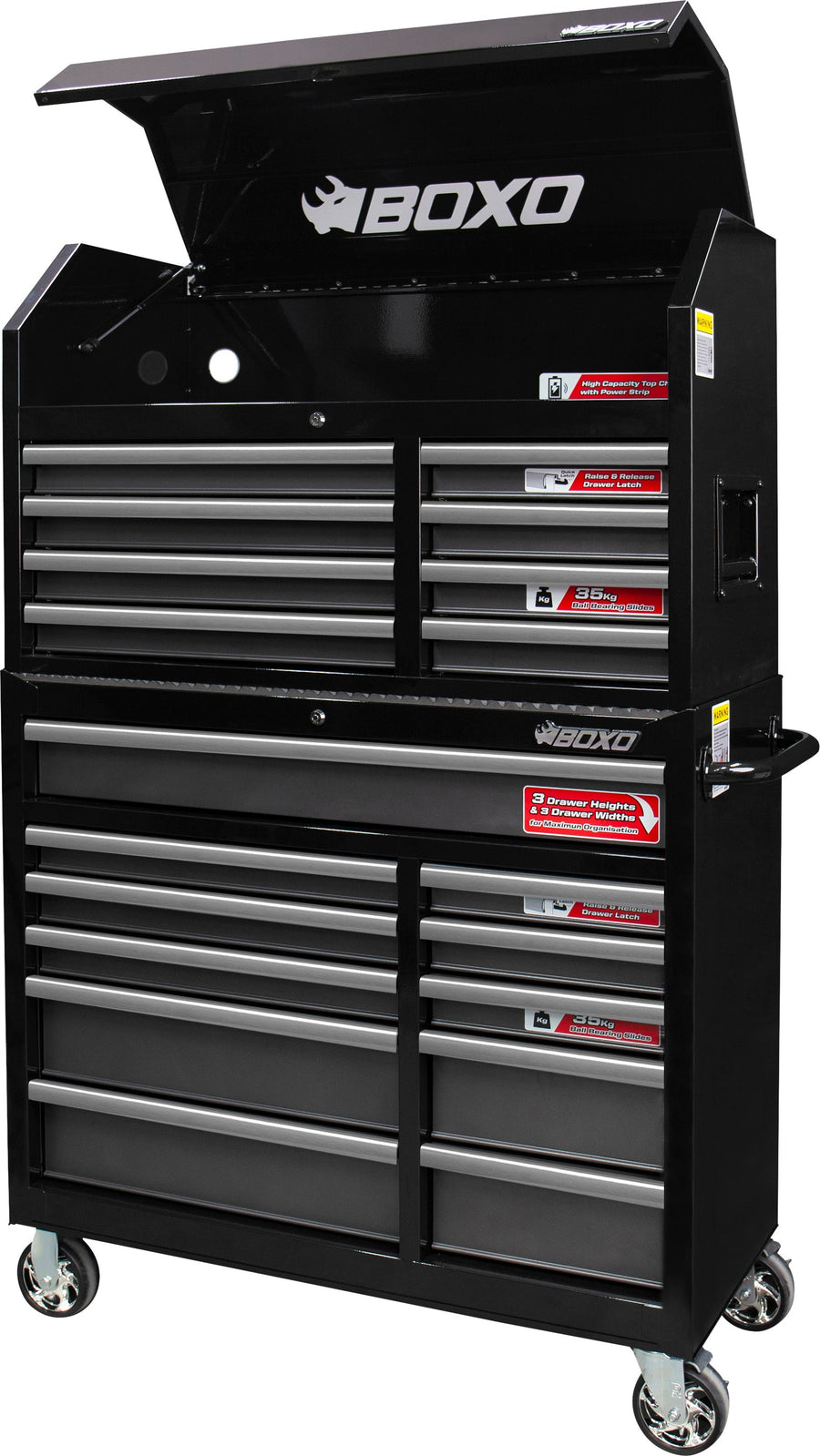 BOXO 41" 19 Drawer Toolbox Stack with Drawer Trim Pack - Black Body & Trim Colour Options