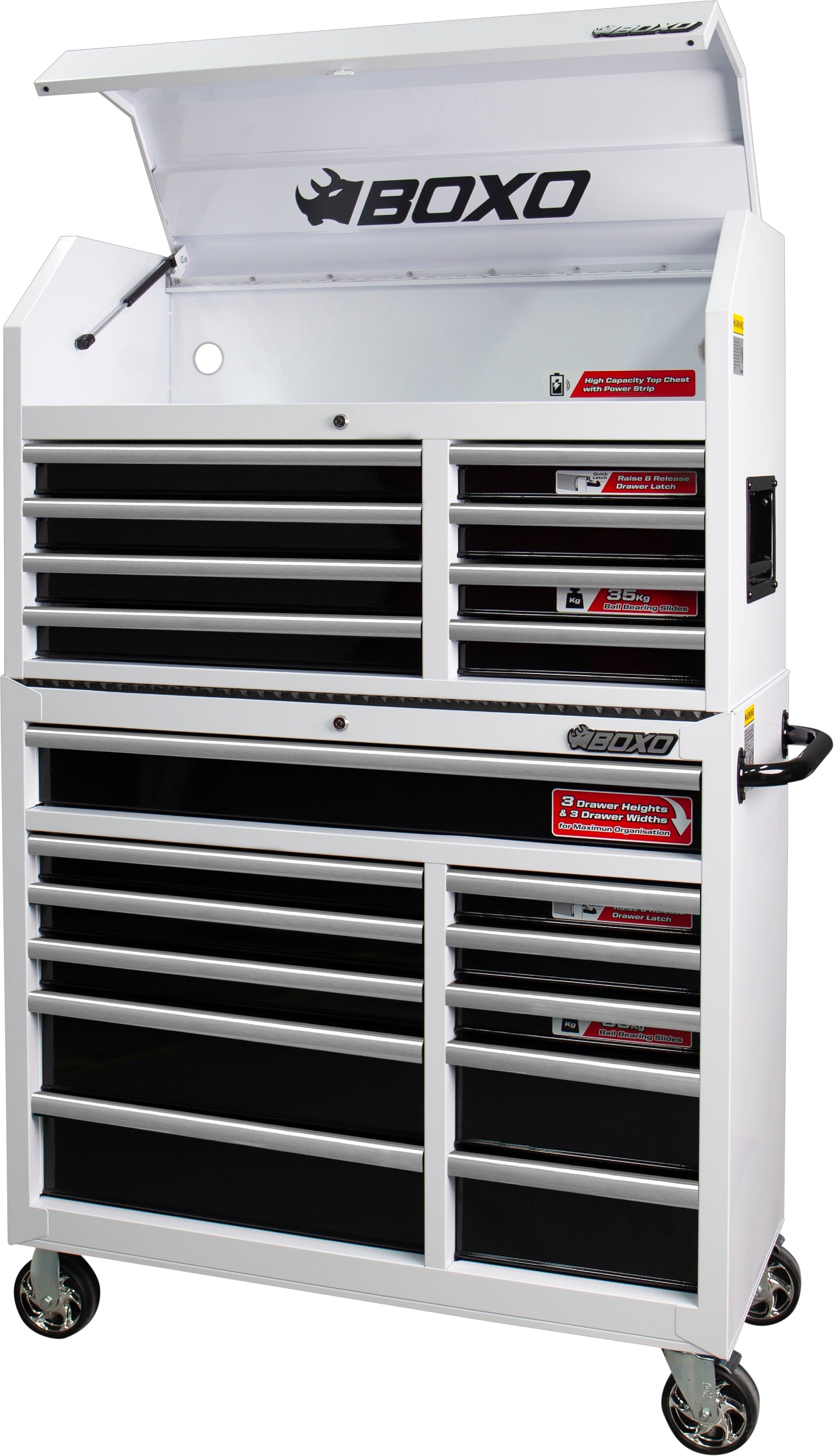 BOXO 41" 19 Drawer Toolbox Stack with Drawer Trim Pack - White Body & Trim Colour Options