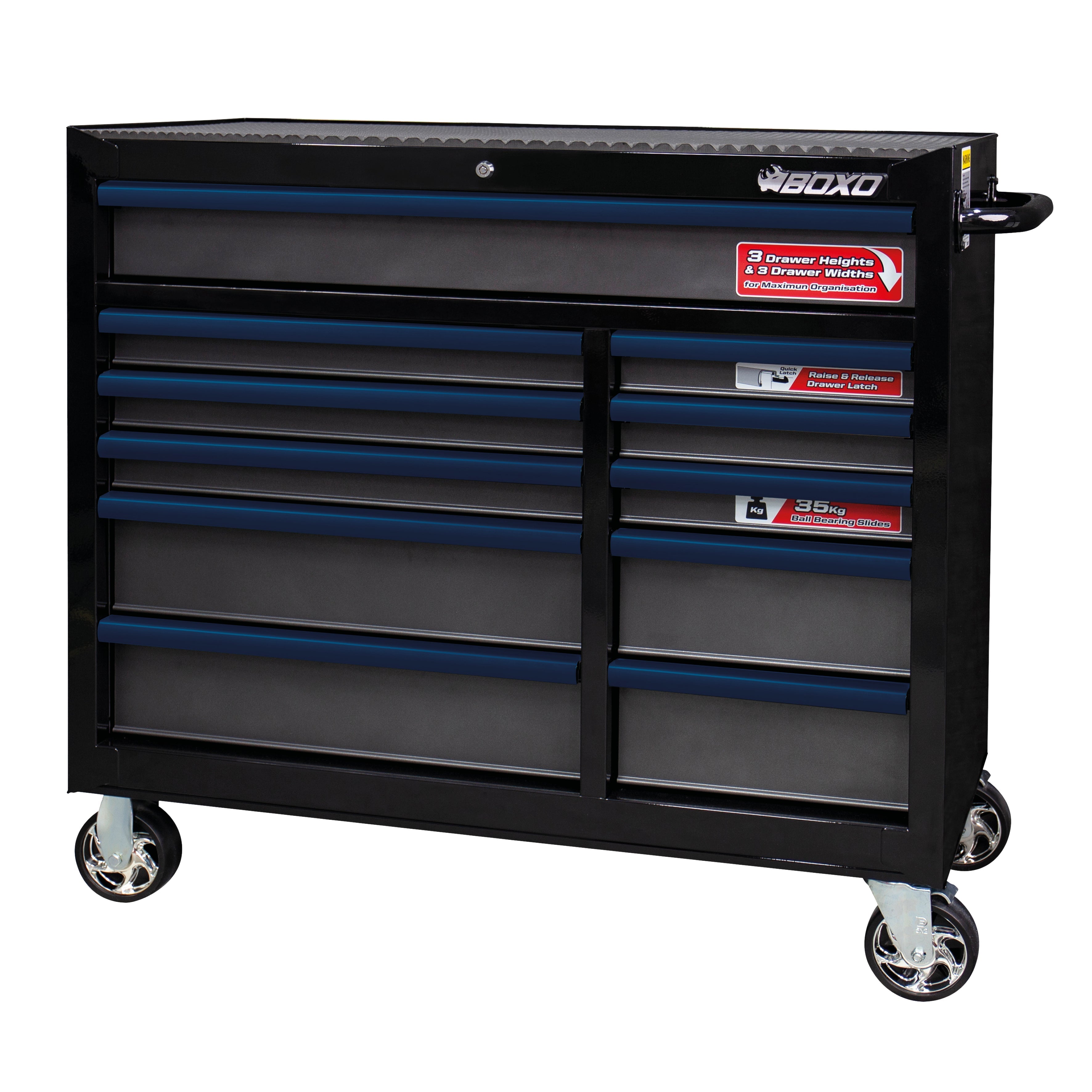 BOXO 41" 11 Drawer Roll Cabinet with Drawer Trim Pack - Black Body & Trim Colour Options