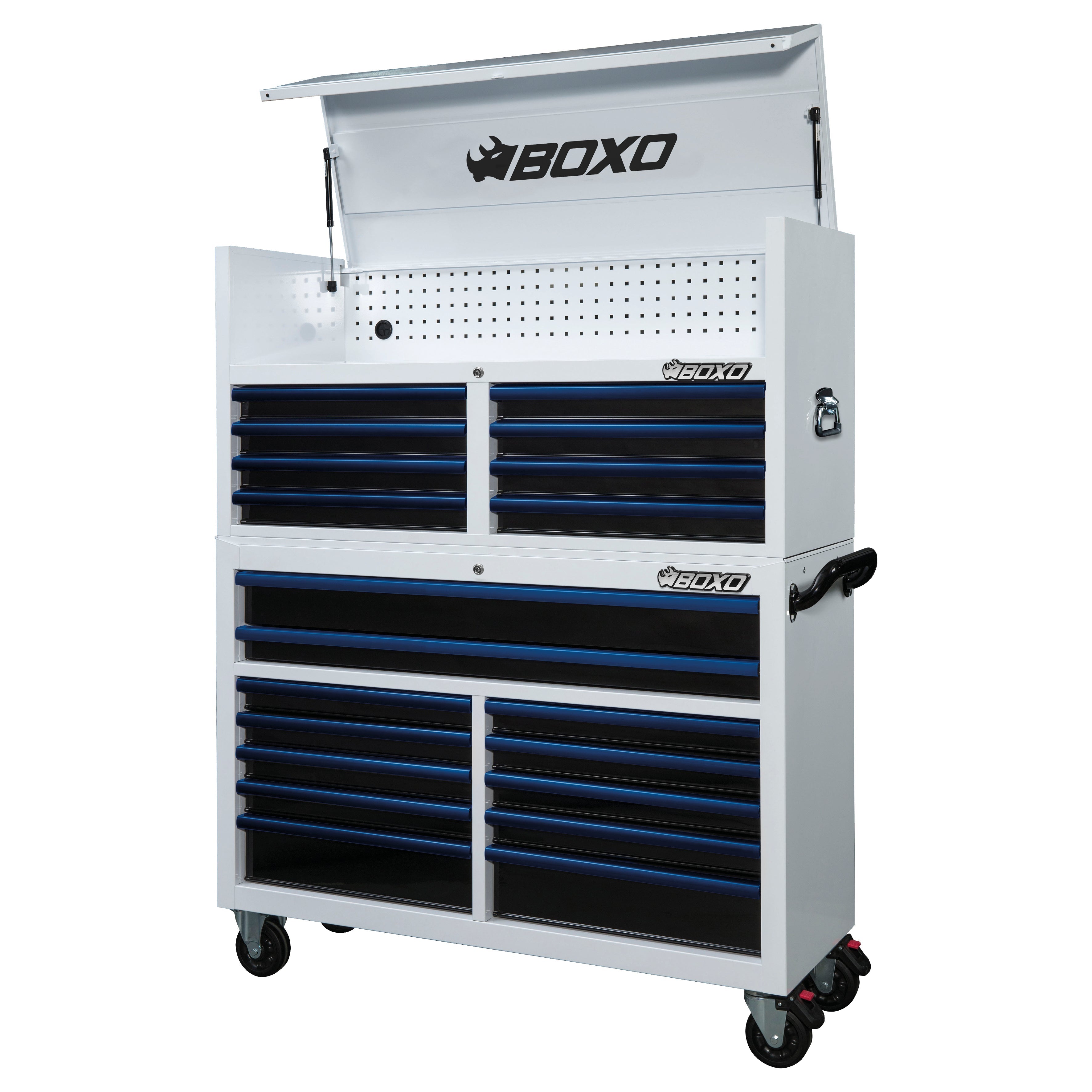 BOXO 53" 20 Drawer Toolbox Stack with Drawer Trim Pack - White Body with Trim Colour Options