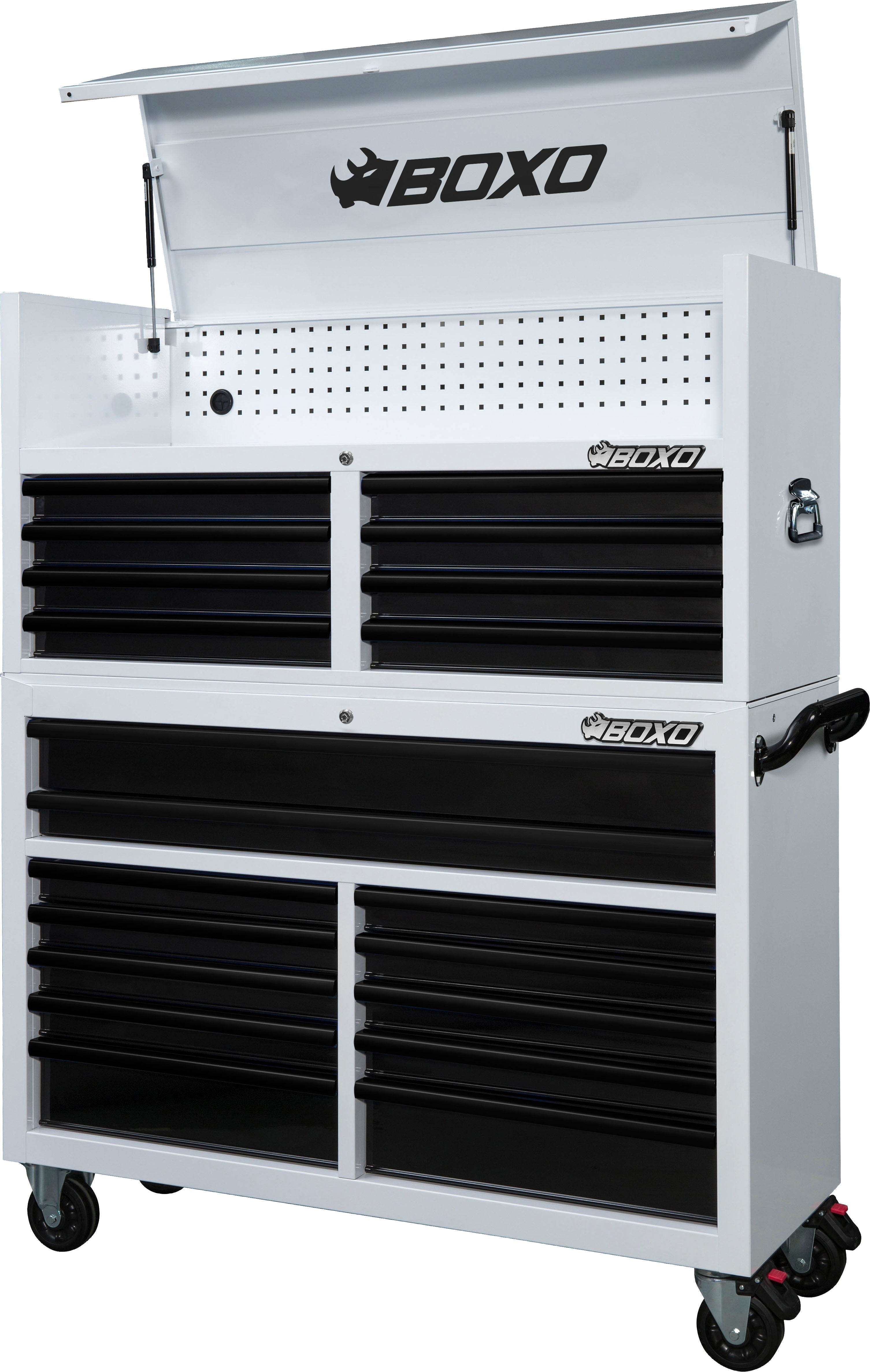 BOXO 53" 20 Drawer Toolbox Stack with Drawer Trim Pack - White Body with Trim Colour Options