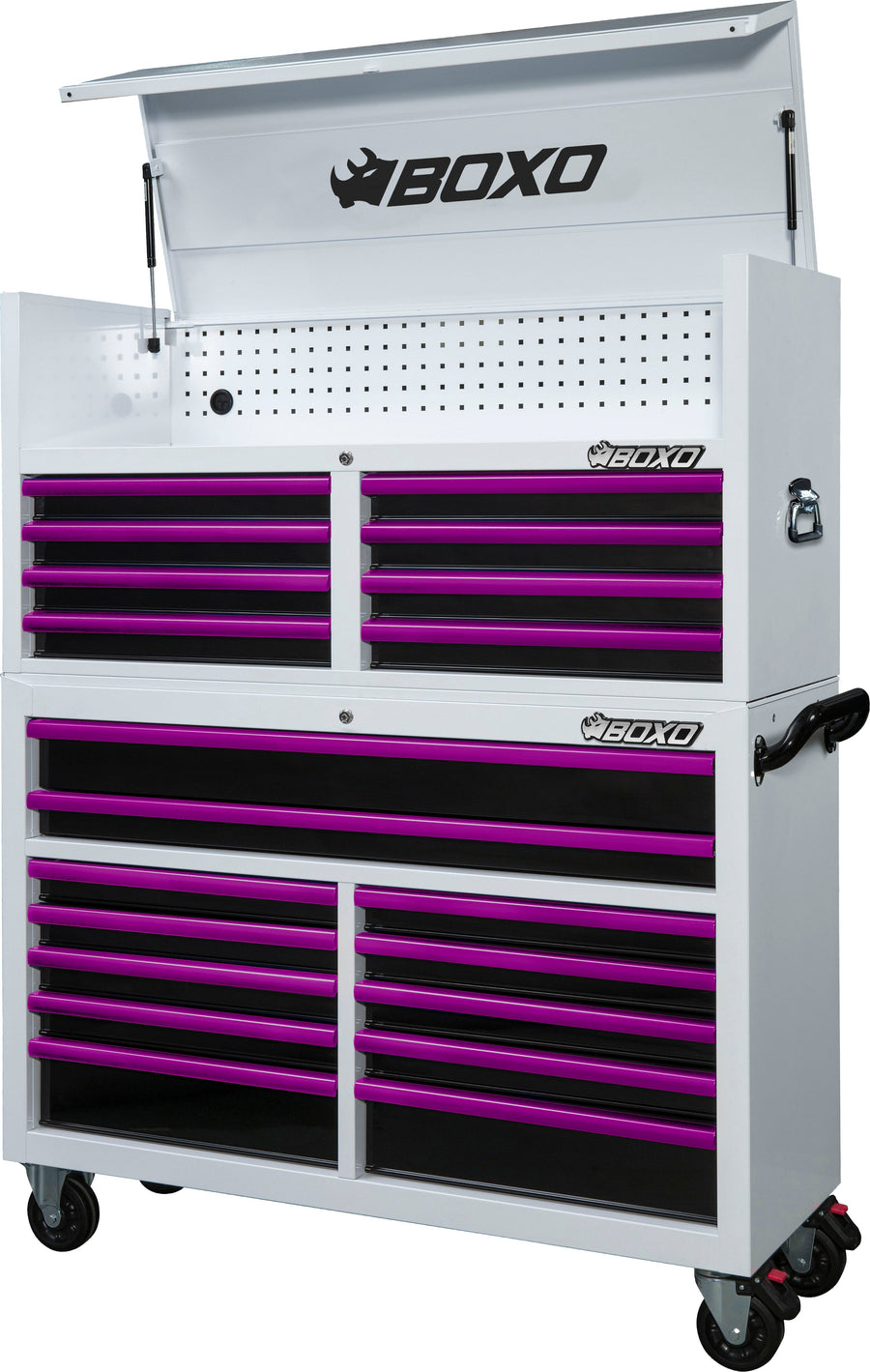 BOXO 53" 20 Drawer Toolbox Stack with Drawer Trim Pack - White Body with Trim Colour Options