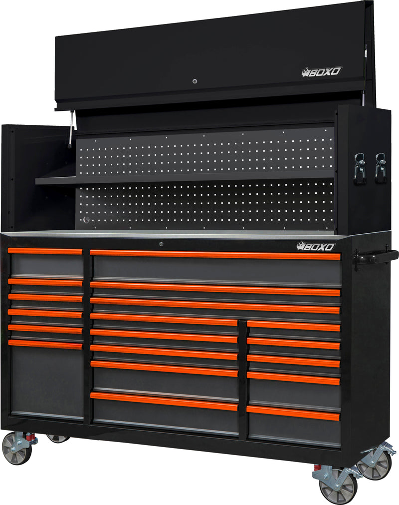 BOXO 72" 19 Drawer Roll Cabinet & Hutch with Drawer Trim Pack - Black Body & Trim Colour Options