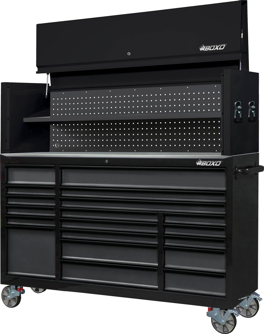BOXO 72" 19 Drawer Roll Cabinet & Hutch with Drawer Trim Pack - Black Body & Trim Colour Options