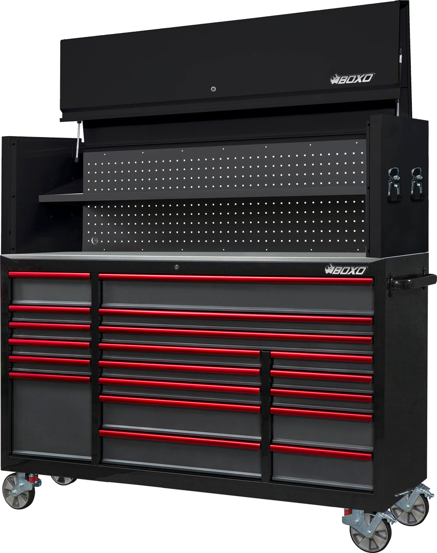 BOXO 72" 19 Drawer Roll Cabinet & Hutch with Drawer Trim Pack - Black Body & Trim Colour Options