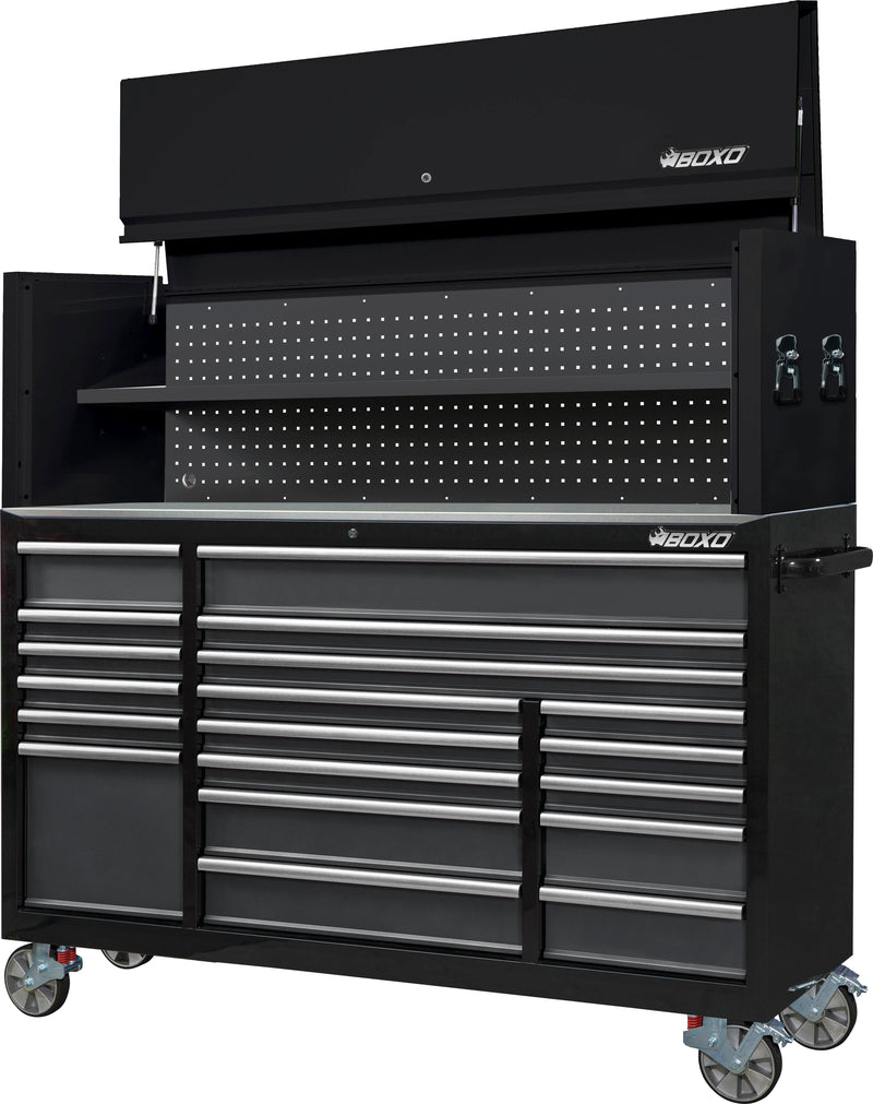 BOXO 72" 19 Drawer Roll Cabinet & Hutch with Drawer Trim Pack - Black Body & Trim Colour Options